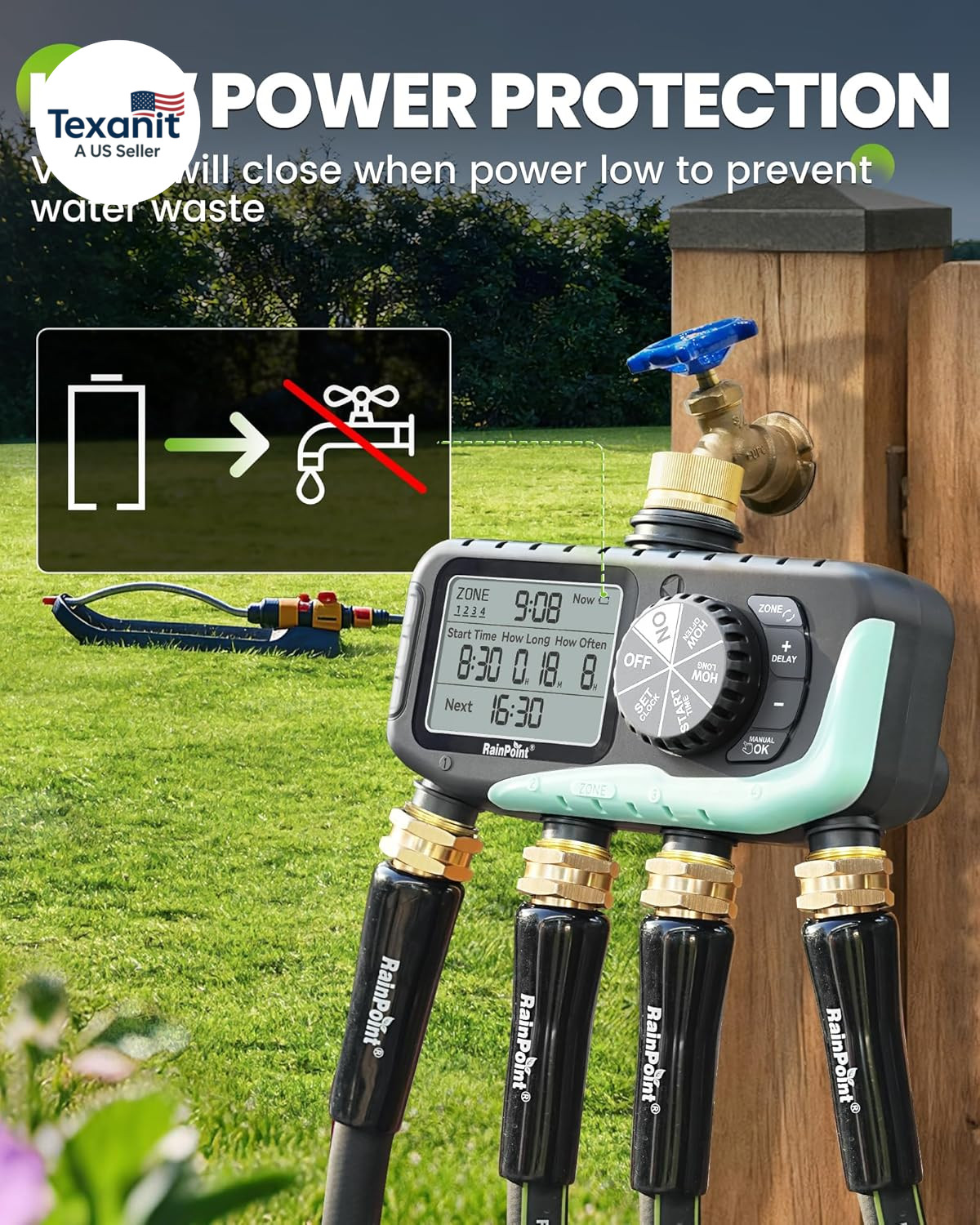 Sprinkler Timer 4 Zone, Water Timer for Programmable, for Soaker Hose with Rain