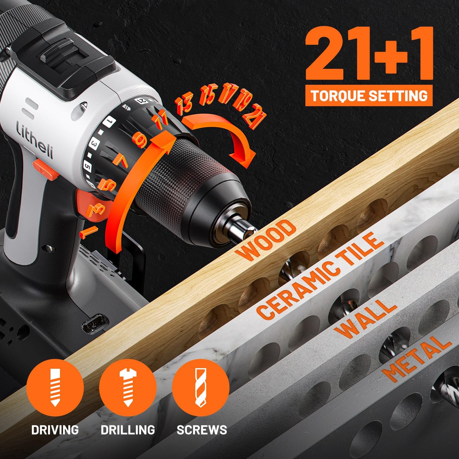 20V Cordless Drill Driver, Electric Power Drill with 2 Variable Speed Setting...