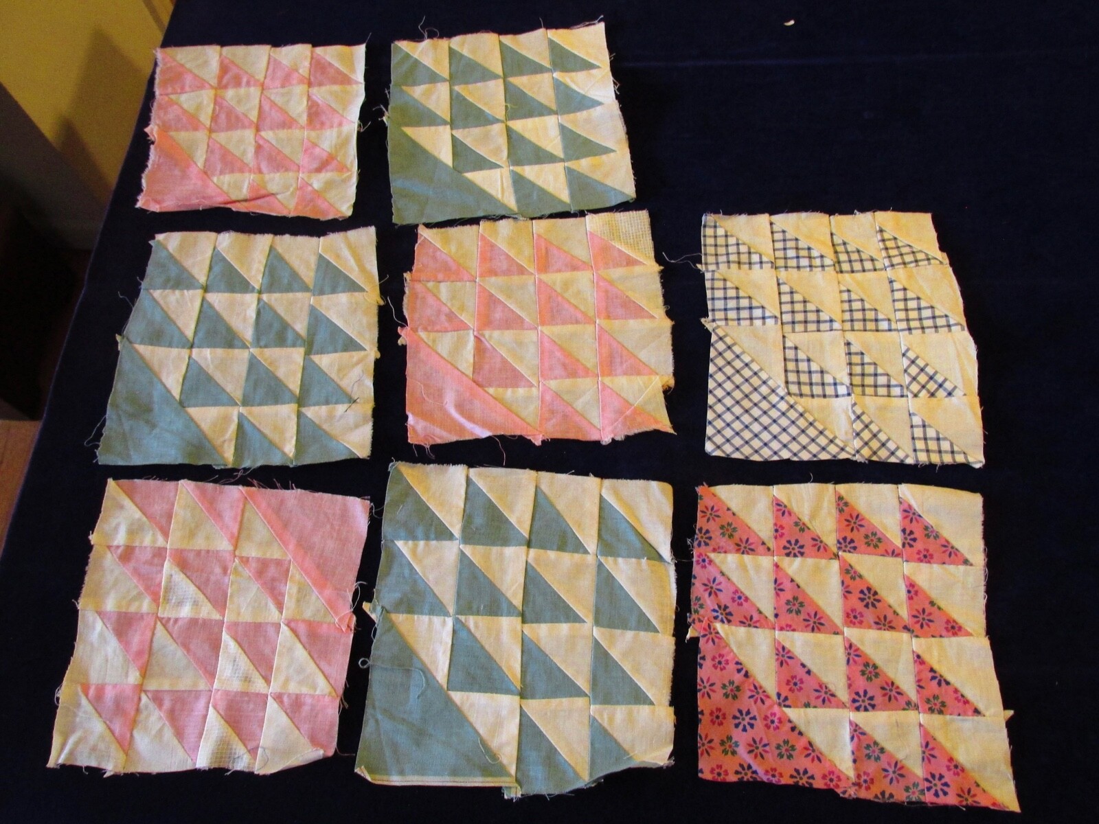8pc LOT Vtg Quilt Blocks Machine Sewn 7" Blue Pink Basket Pattern D10n