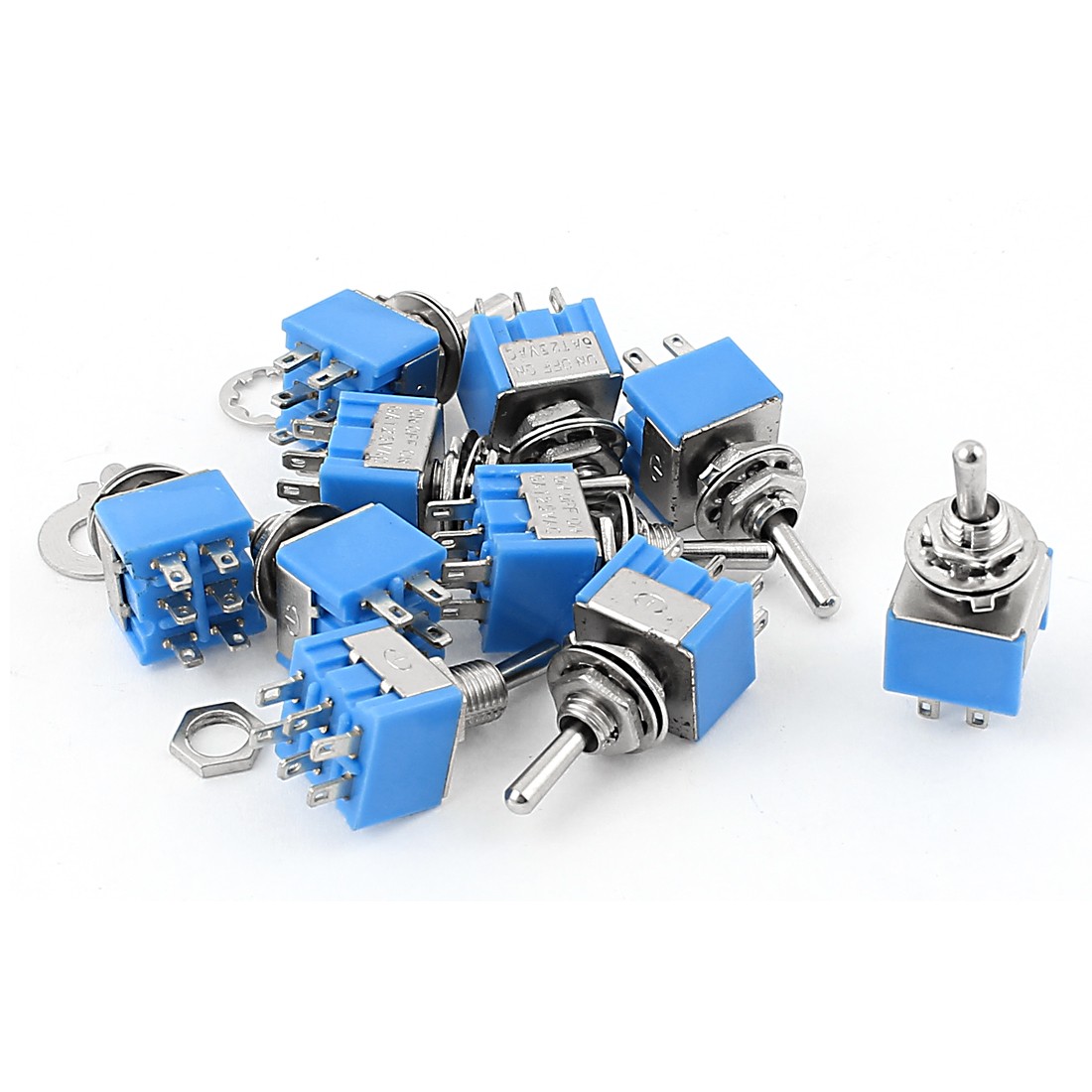 10Pcs AC125V 6A 6Pin 3 Positions ON-OFF-ON 6mm Thread DPDT Latching Blue