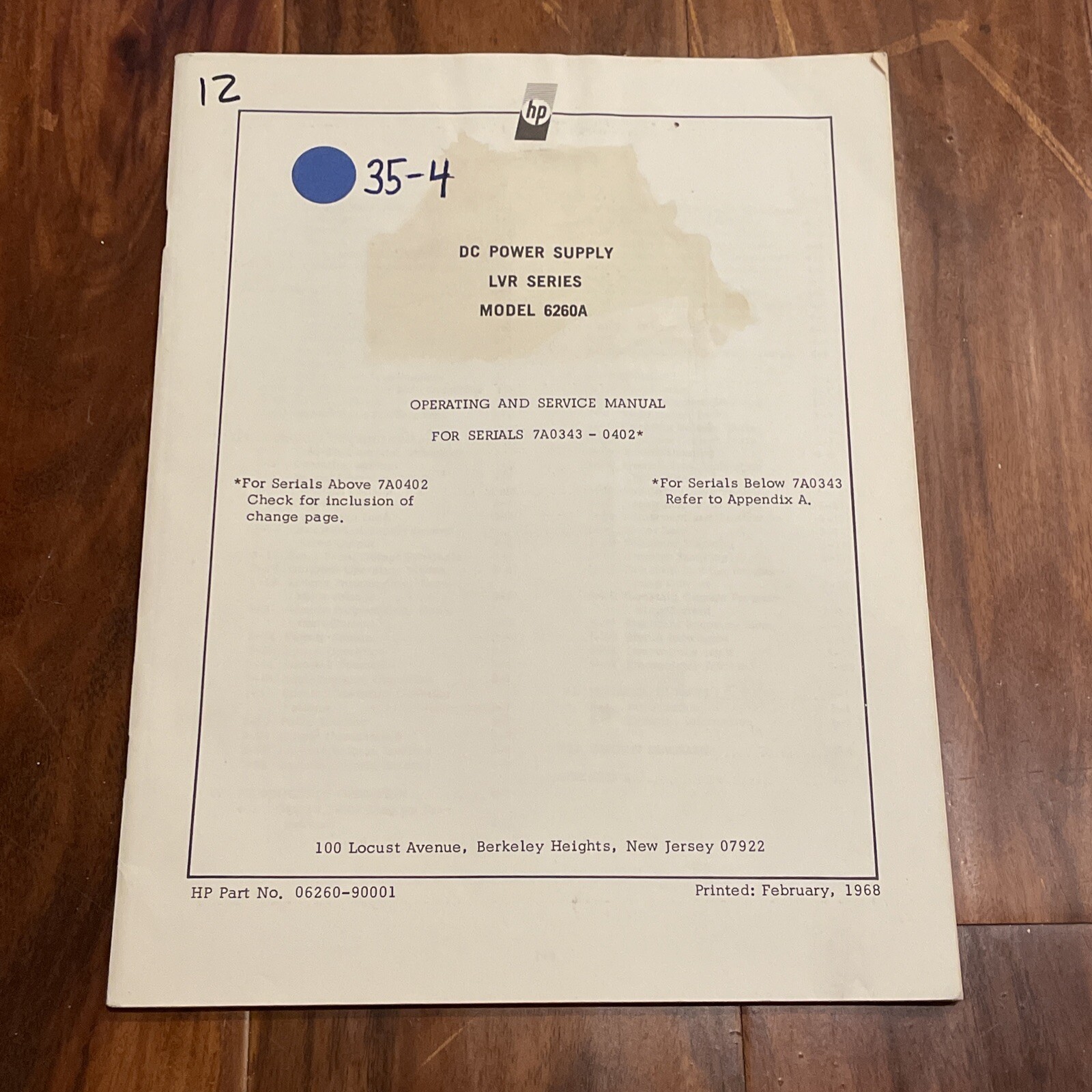 HP 6260A DC Power Supply LVR Series Operating & Service Manual 06260-90001