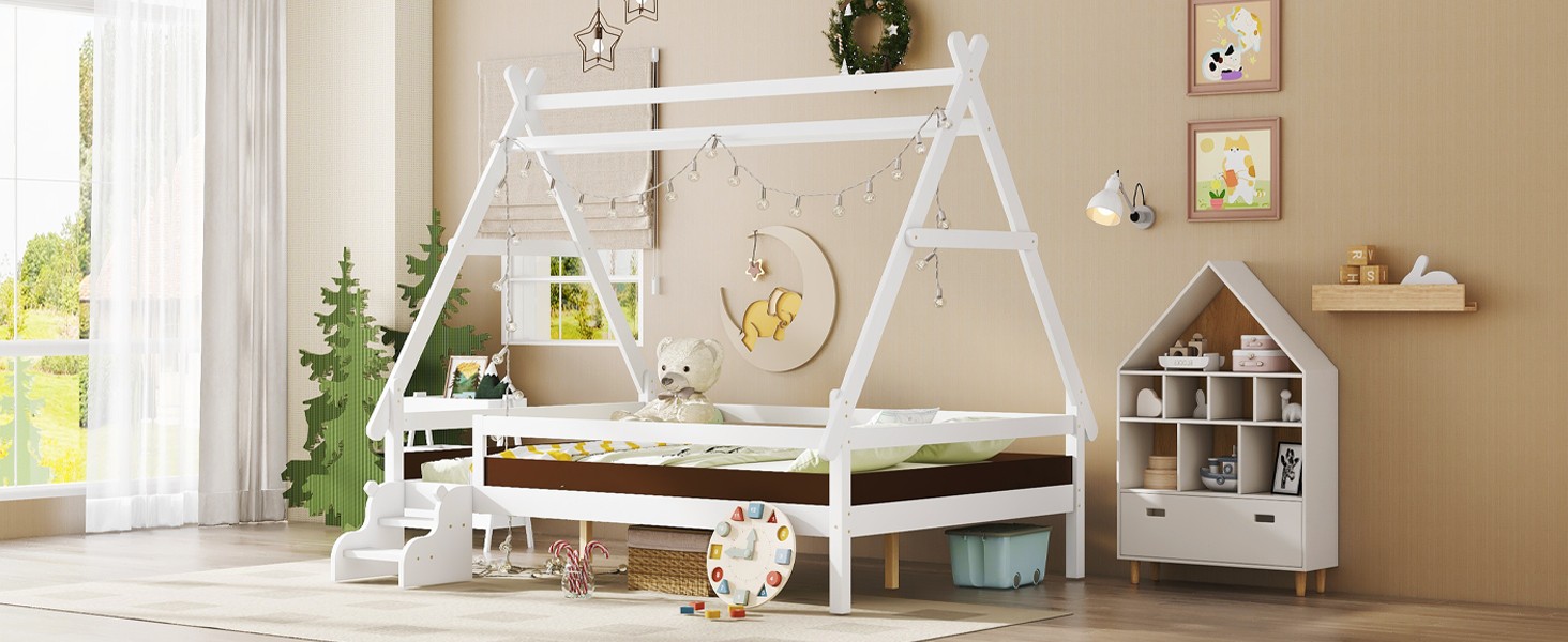 Full House Platform Bed with Stairs, Solid Wood Frame, White