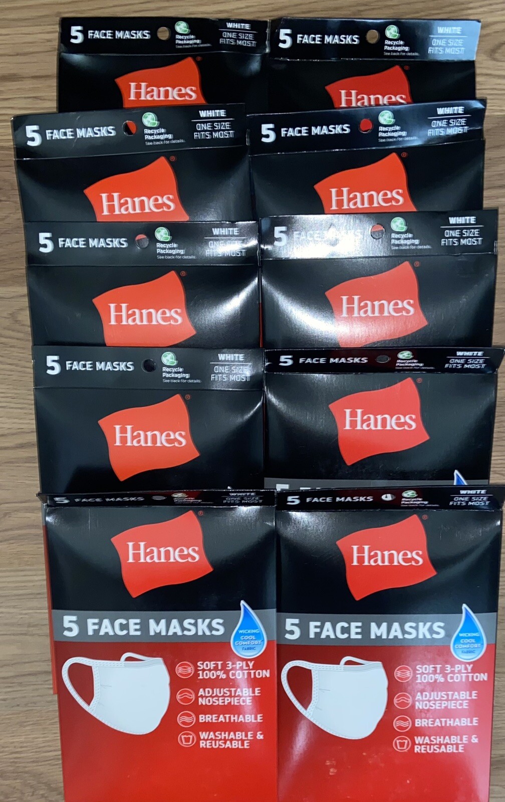 50 Pack Hanes Face Masks - White Cotton Reusable Cover Face mask Cloth Facemask