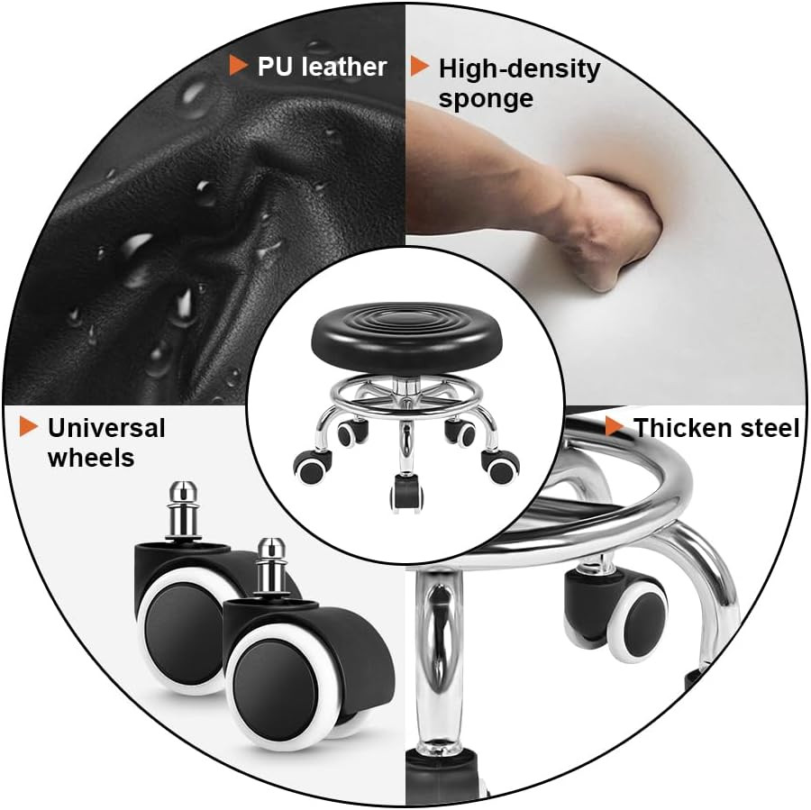 Black Roller Seat PU Leather Rolling Stools with Wheels Nail Stool for Home Work