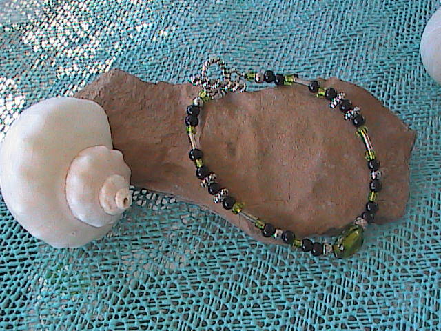 Black, Silver and Emerald Accent Glass Bead Bracelet