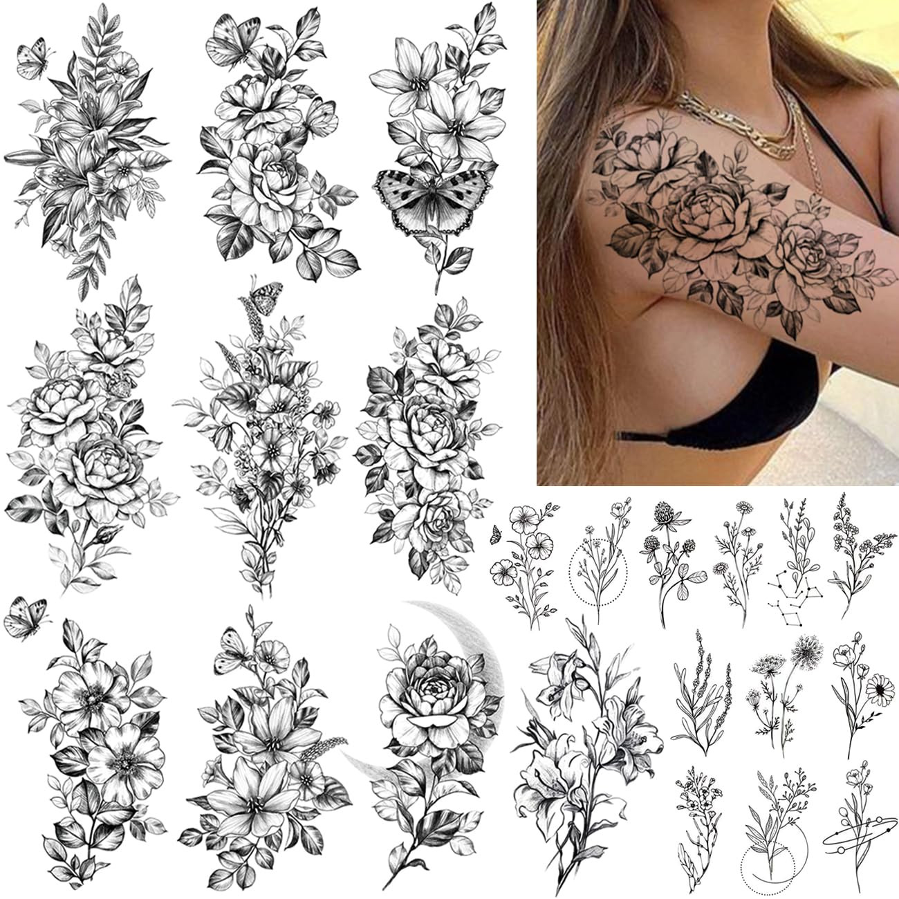 23 Sheets Flower Temporary Tattoos for Women - Waterproof Realistic Rose Orch...