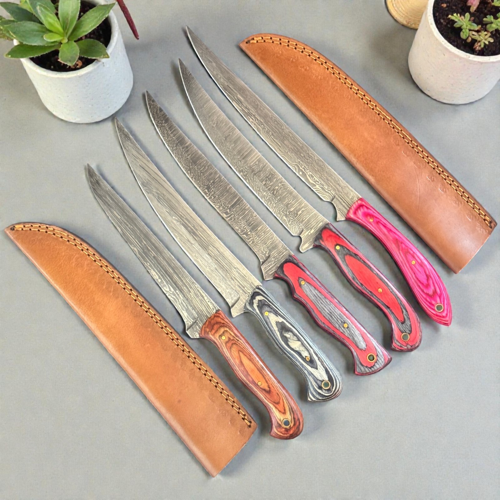 Lot of 5 | Fillet Knives | Damascus Steel | Pakka Wood Handle | Handmade | D233