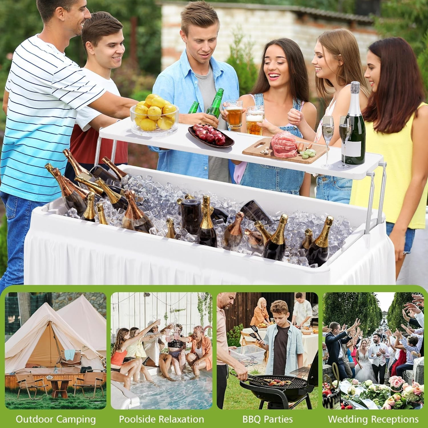 Folding Party Ice Cooler Table with Extra Storage Shelf, Portable Tailgate Ca...
