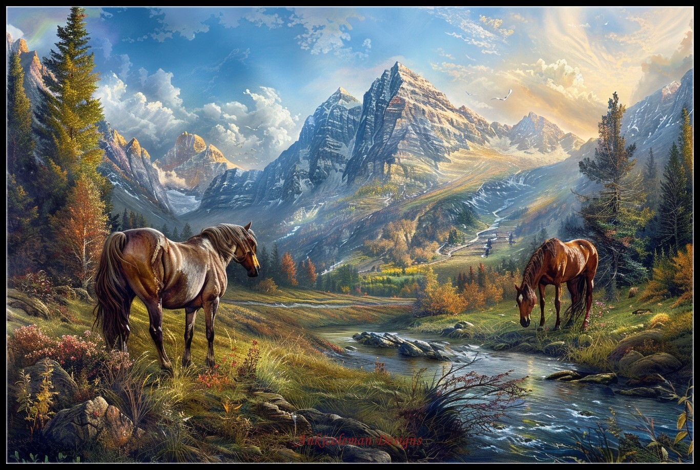 Horses Amidst Mountain Echoes - Chart Counted Cross Stitch Patterns Needlework