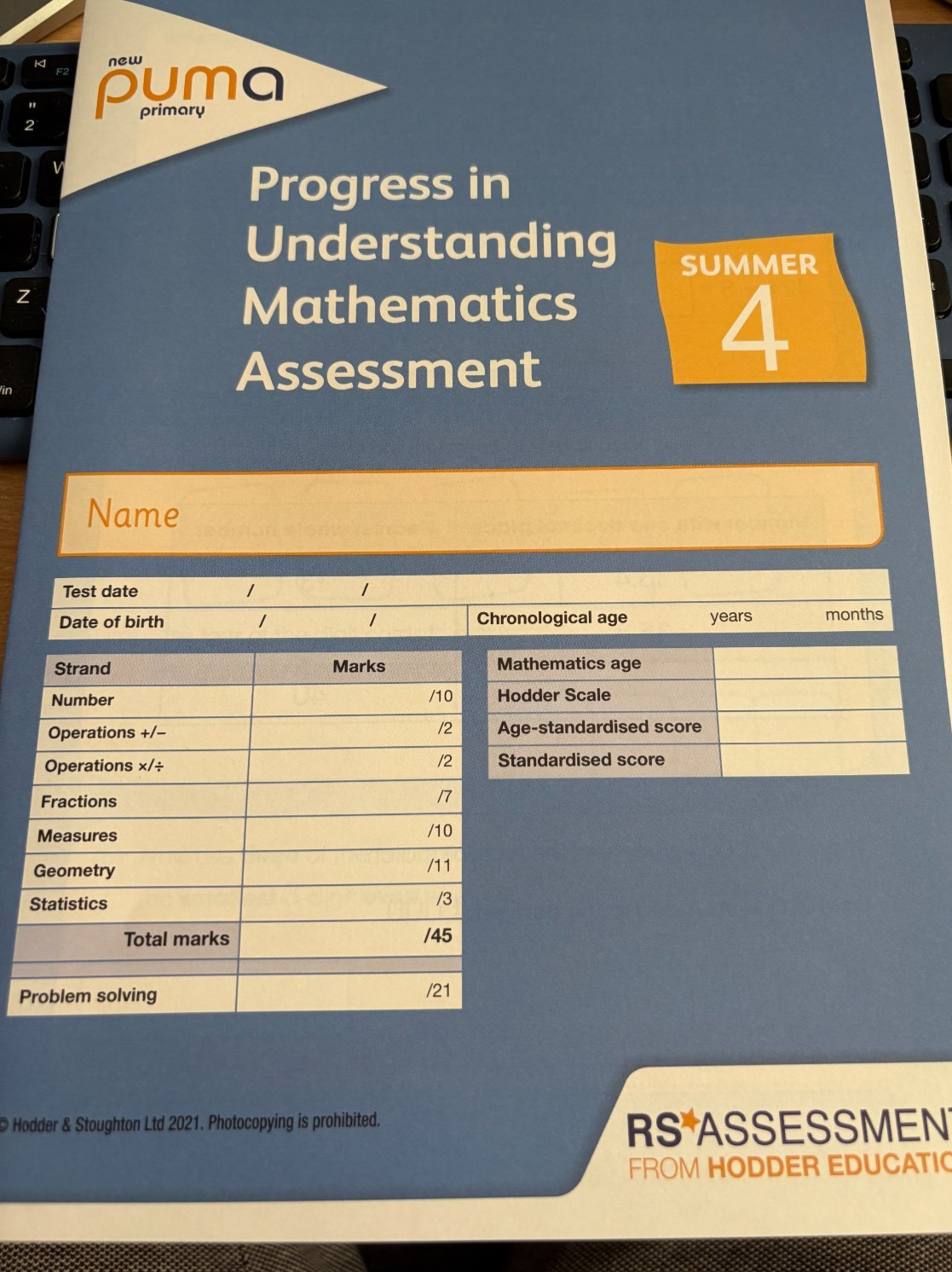 PUMA (PROGRESS IN UNDERSTANDING MATHS ASSESSMENT) YEAR 4 SUMMER. AGE 8-9. ANSWER
