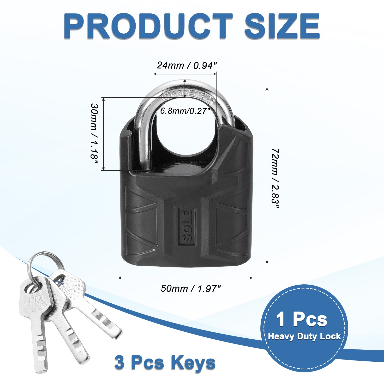 High Security Solid Steel Padlock with Key, Black (2 Inch)