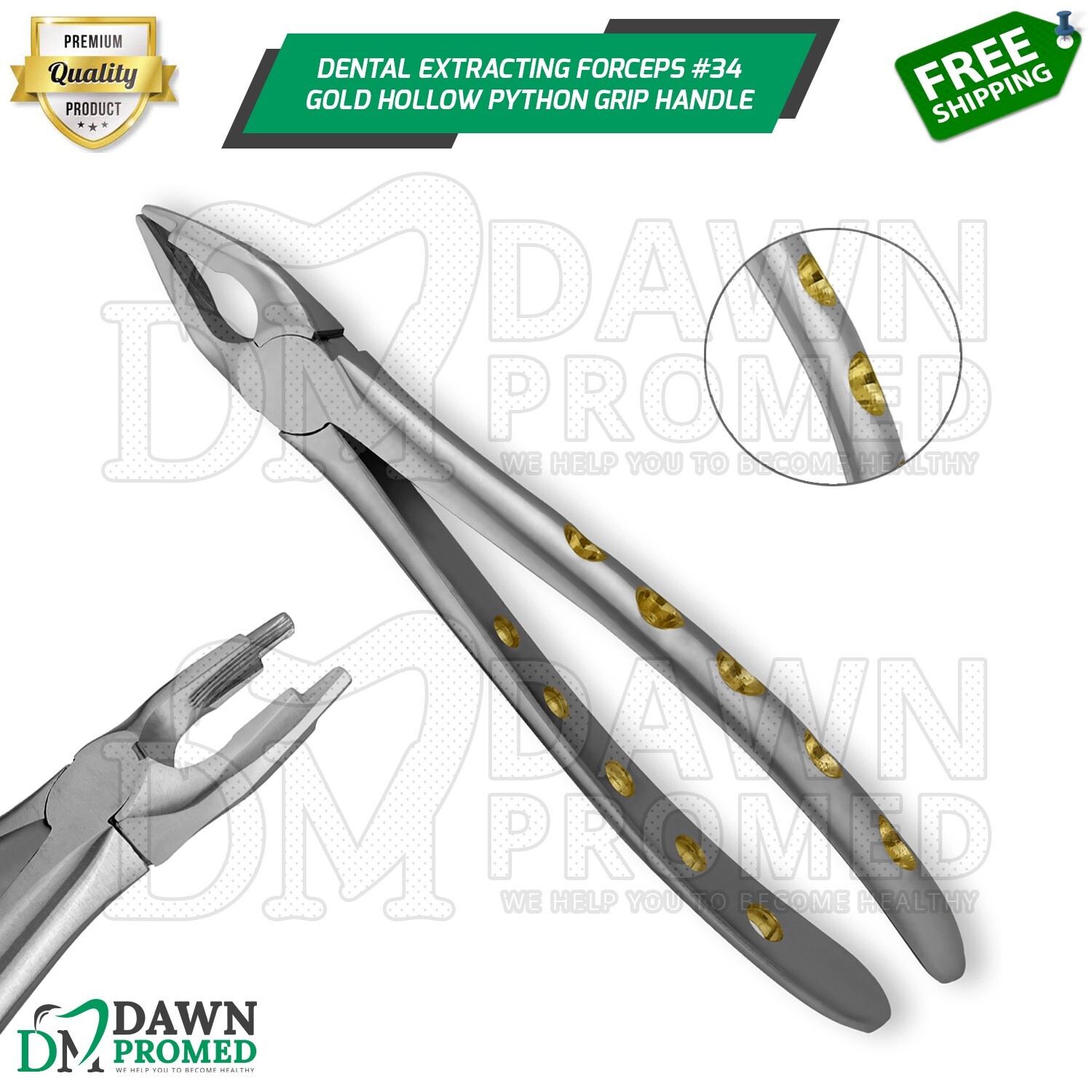Dental Extracting Forceps #34 Gold Hollow Python Grip Handle German Grade