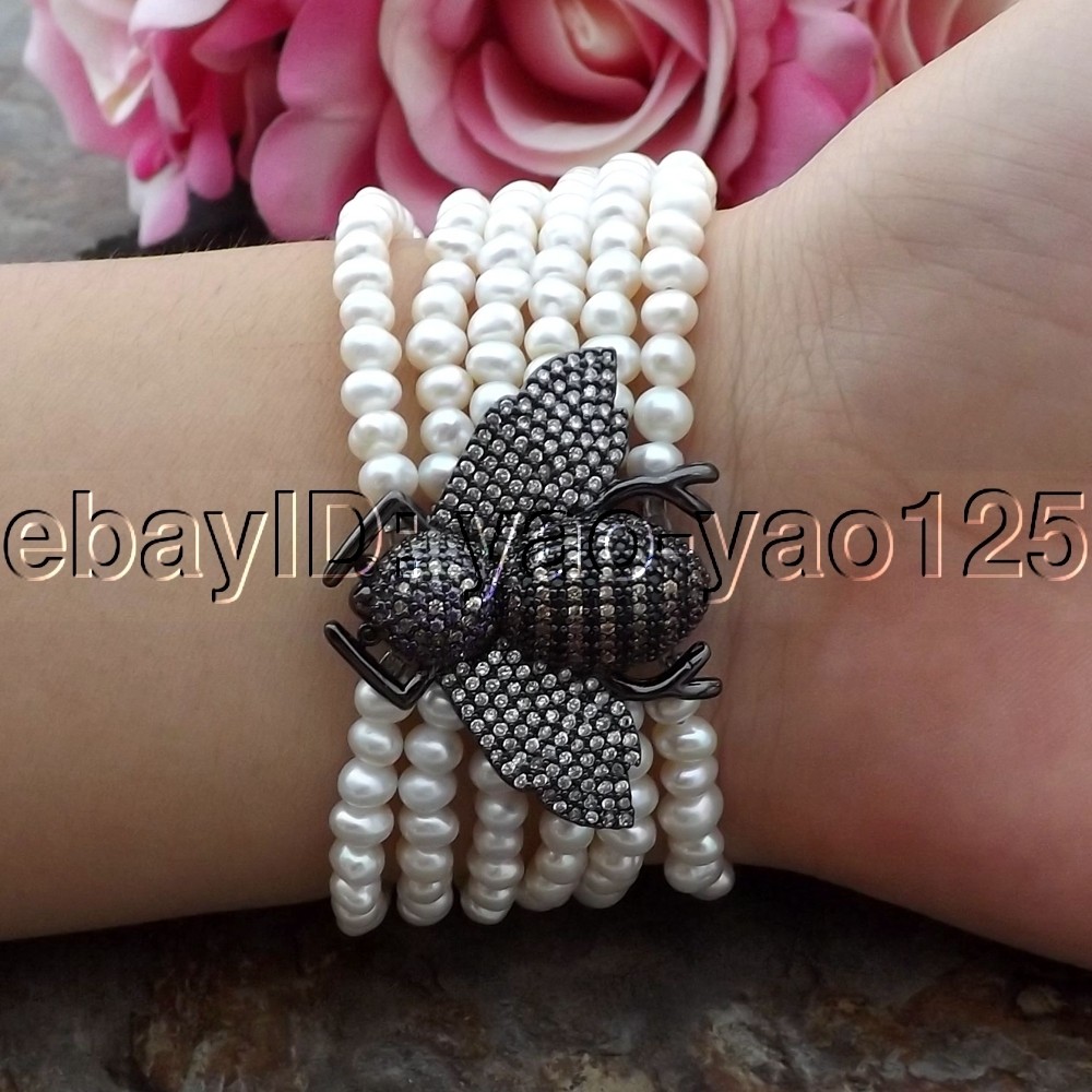 6 Strands 8" Cultured White Pearl CZ Pave Bee Bracelet