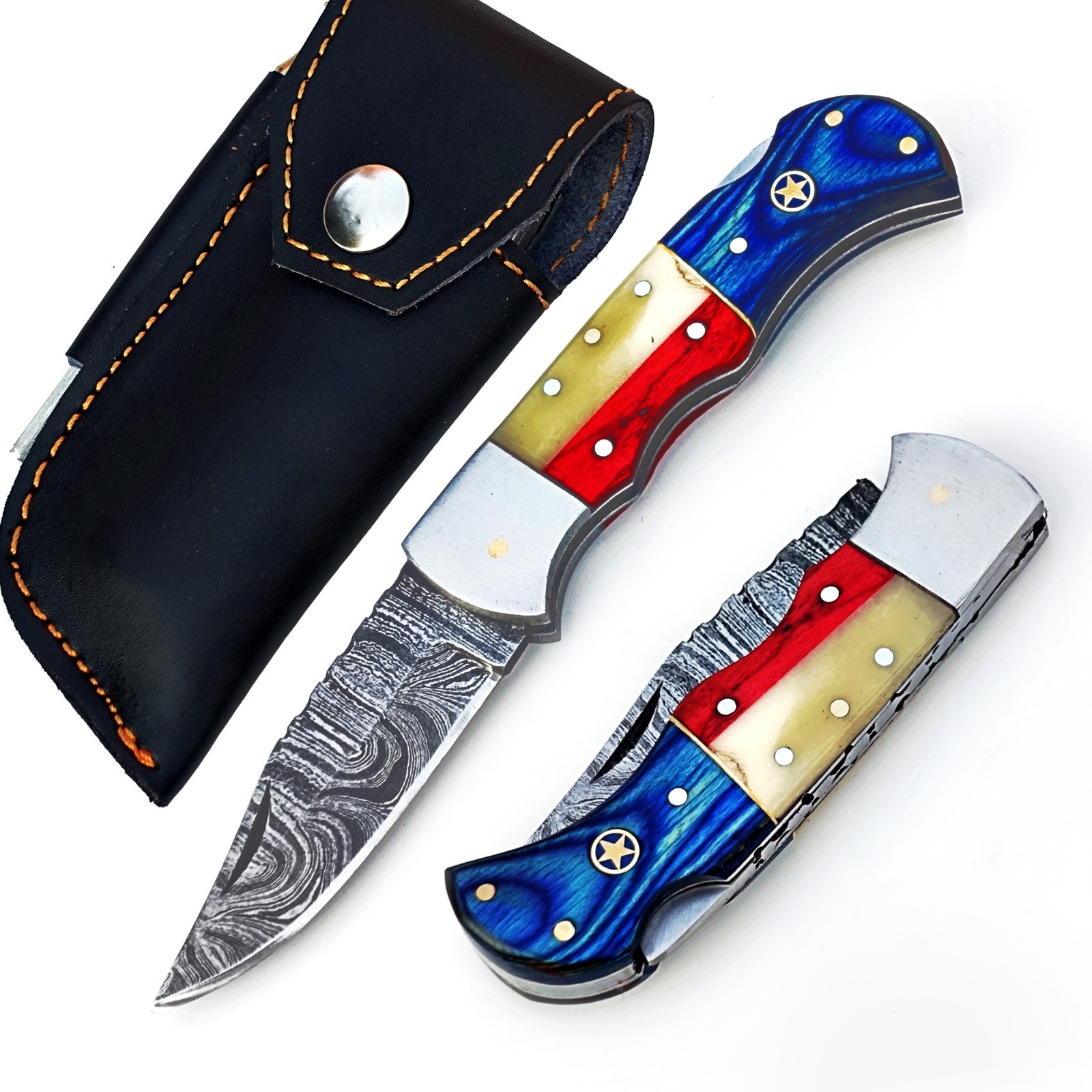 HANDMADE DAMASCUS STEEL BLADE TEXAS FLAG FOLDING POCKET KNIFE WITH SHEATH; 489