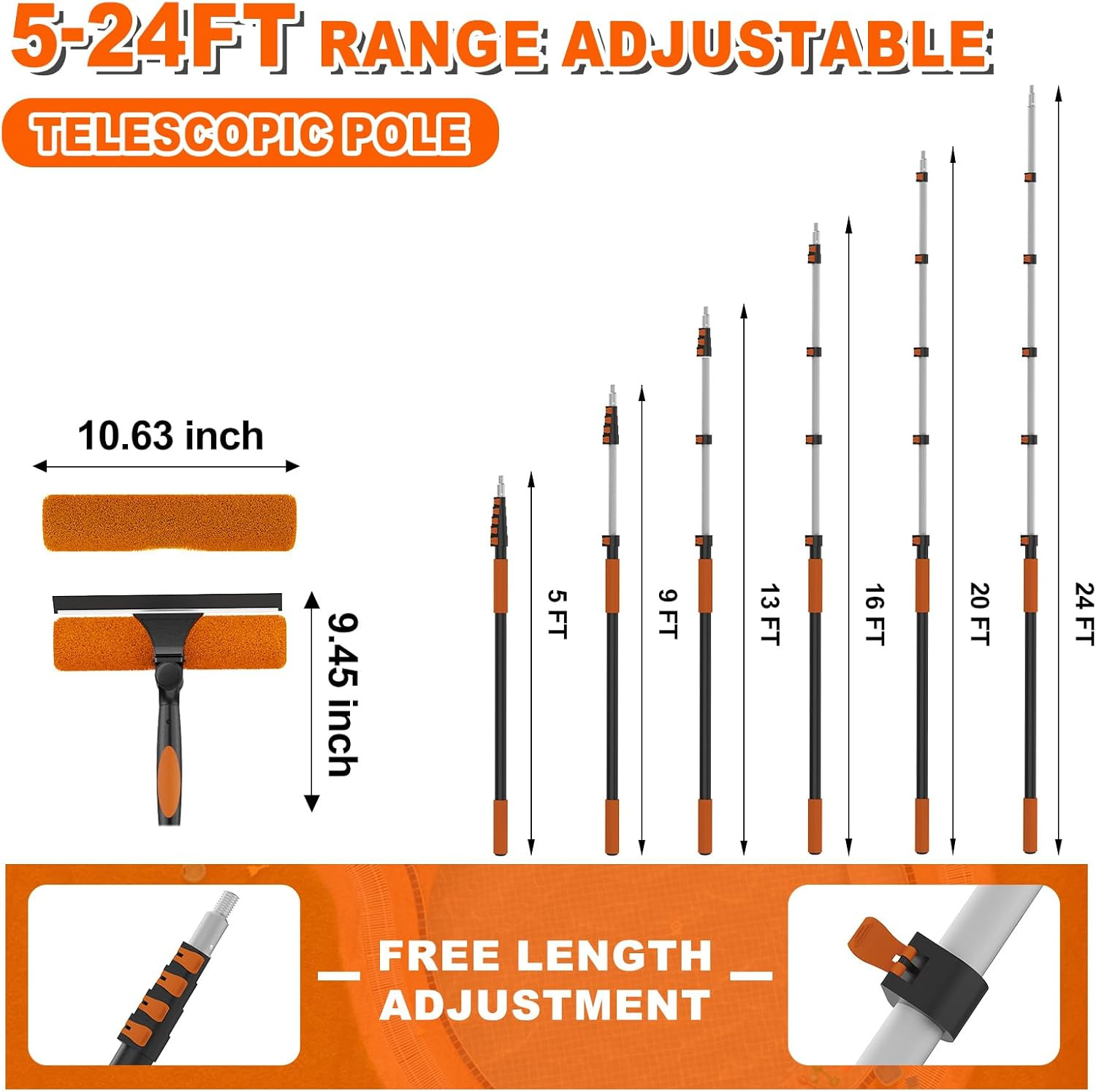 30FT Reach 2-in-1 Window Squeegee, Professional Window Washing Kit with 5-24FT E