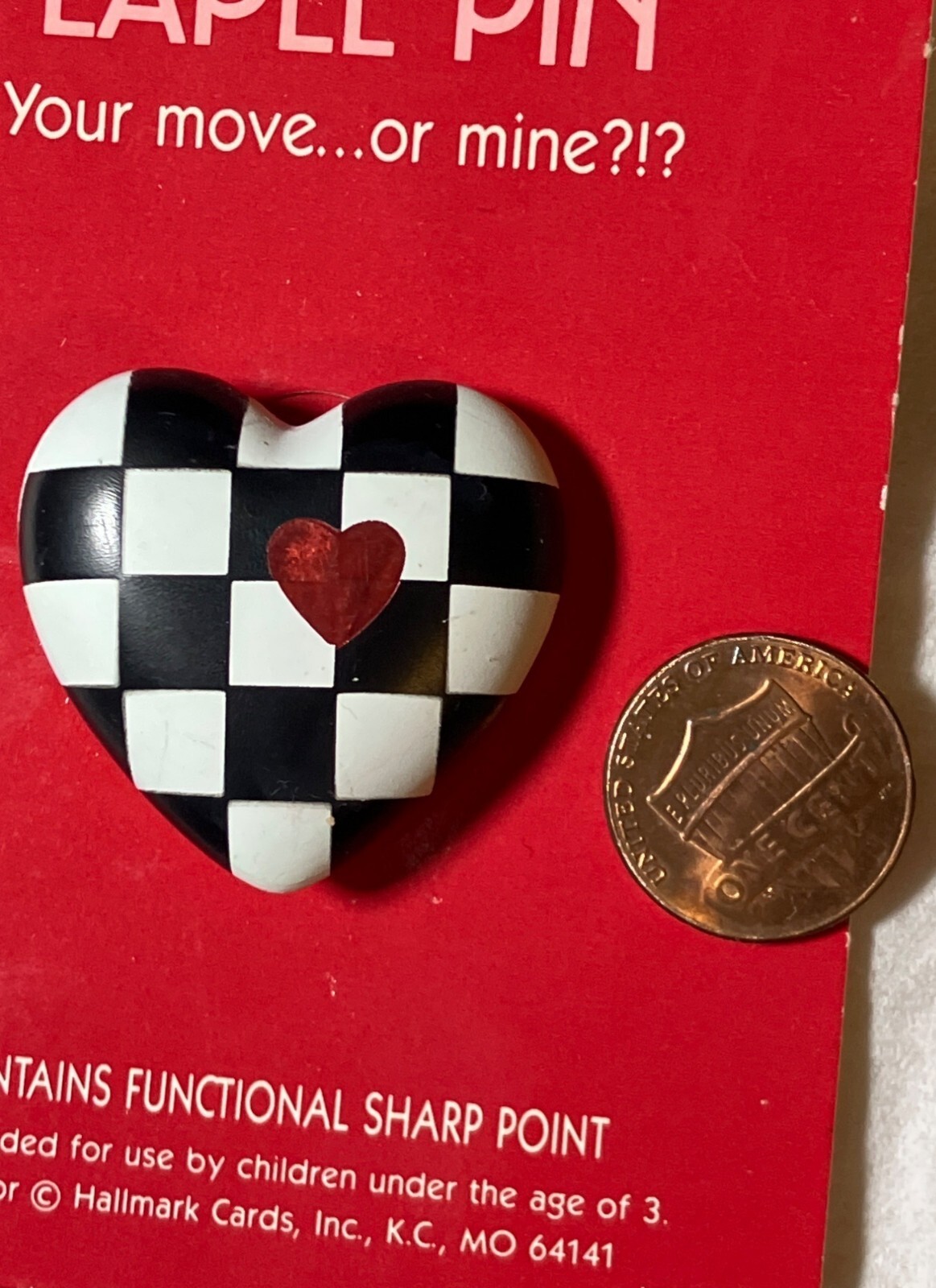 Hallmark Heart-Shaped Checkerboard Lapel Pin With Red Heart Accent