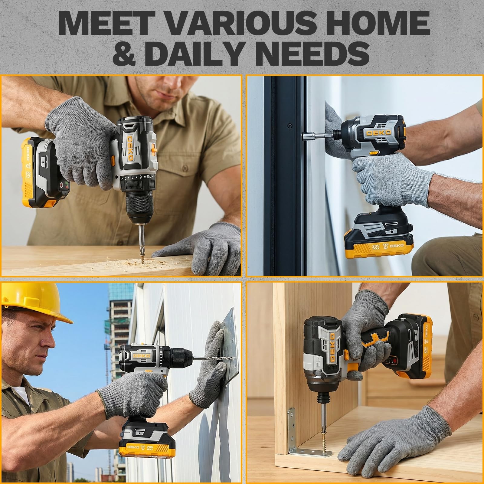 Cordless Drill Impact Driver Set Brushless 20V 2 Batteries Power Tool Kit Yellow