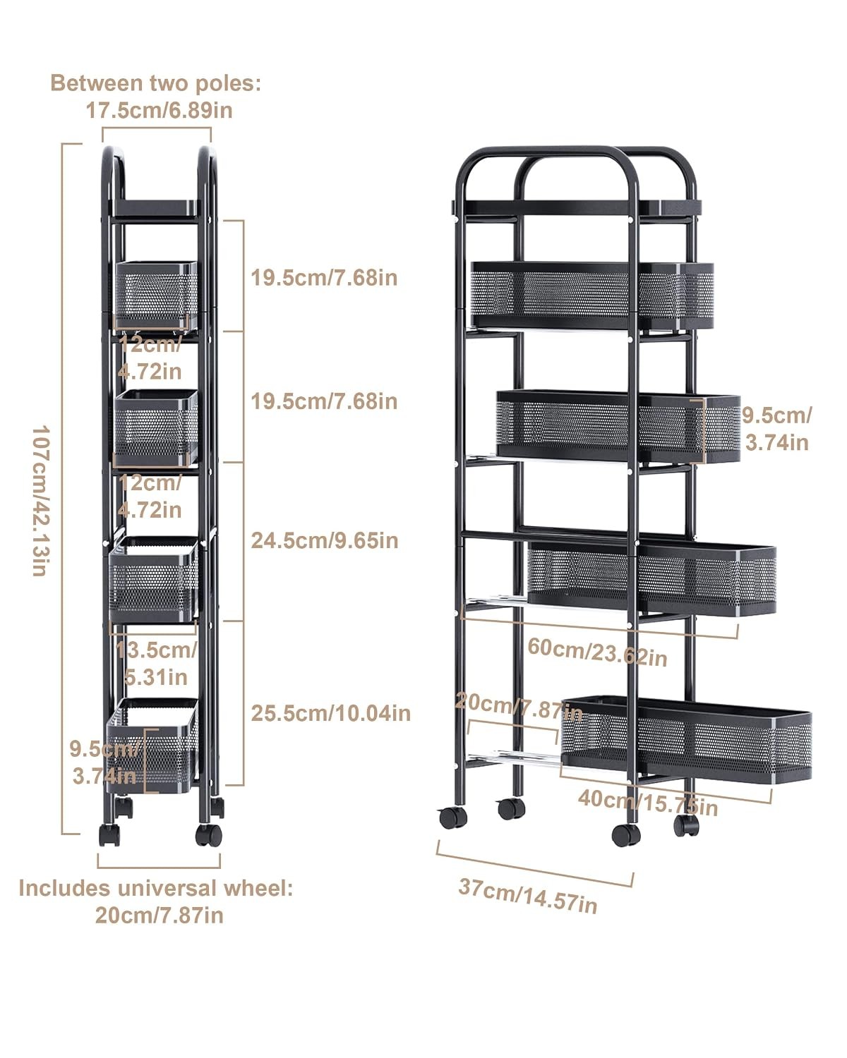 5 Tier Black Mobile Storage Cart with 5 Pull Out Baskets Narrow Shelving Unit