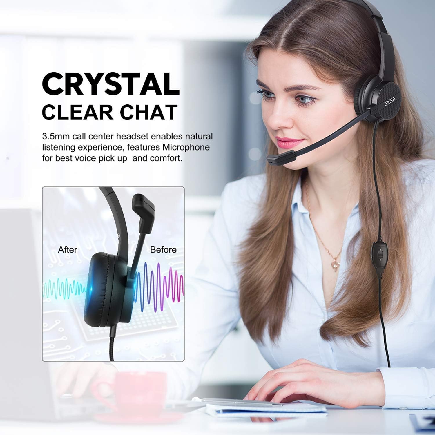 EKSA Headset with Microphone for PC, 3.5mm Wired Computer Headsets with Volume &