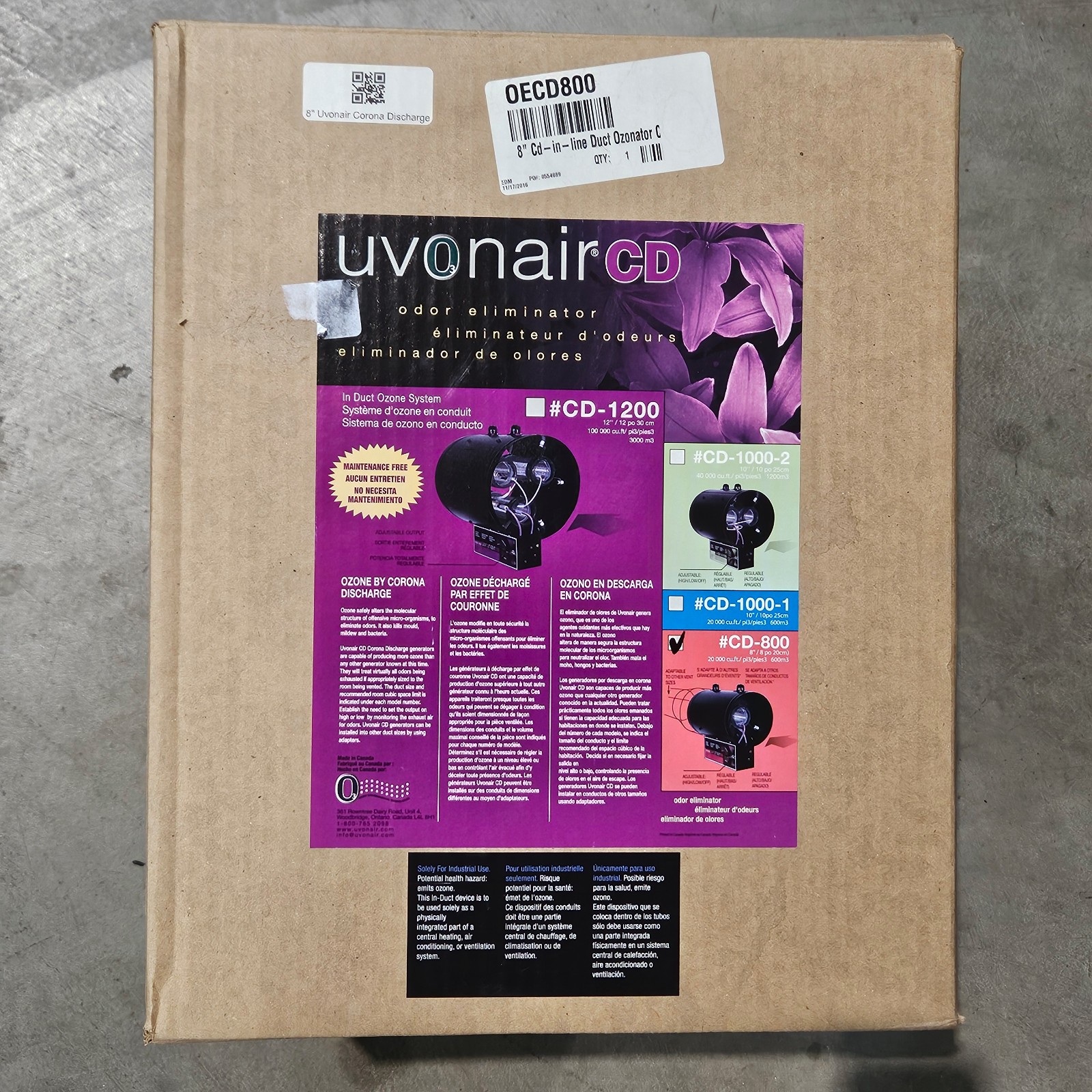 Uvonair CD-800 8” Ducted Odor Eliminator Ozone Corona Discharge New in Box