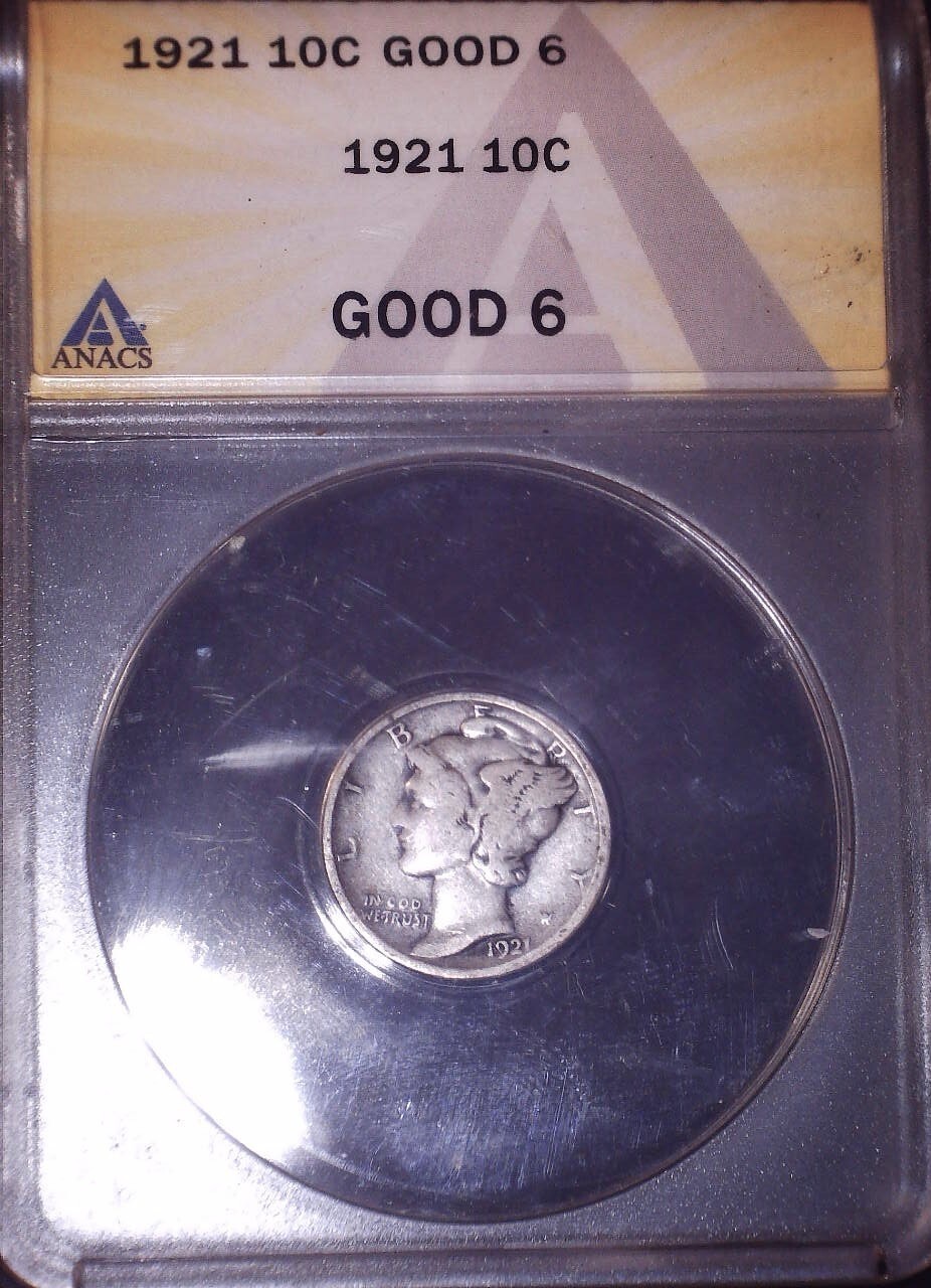 1921 Mercury Dime, ANACS G6, Key Date, Issue Free