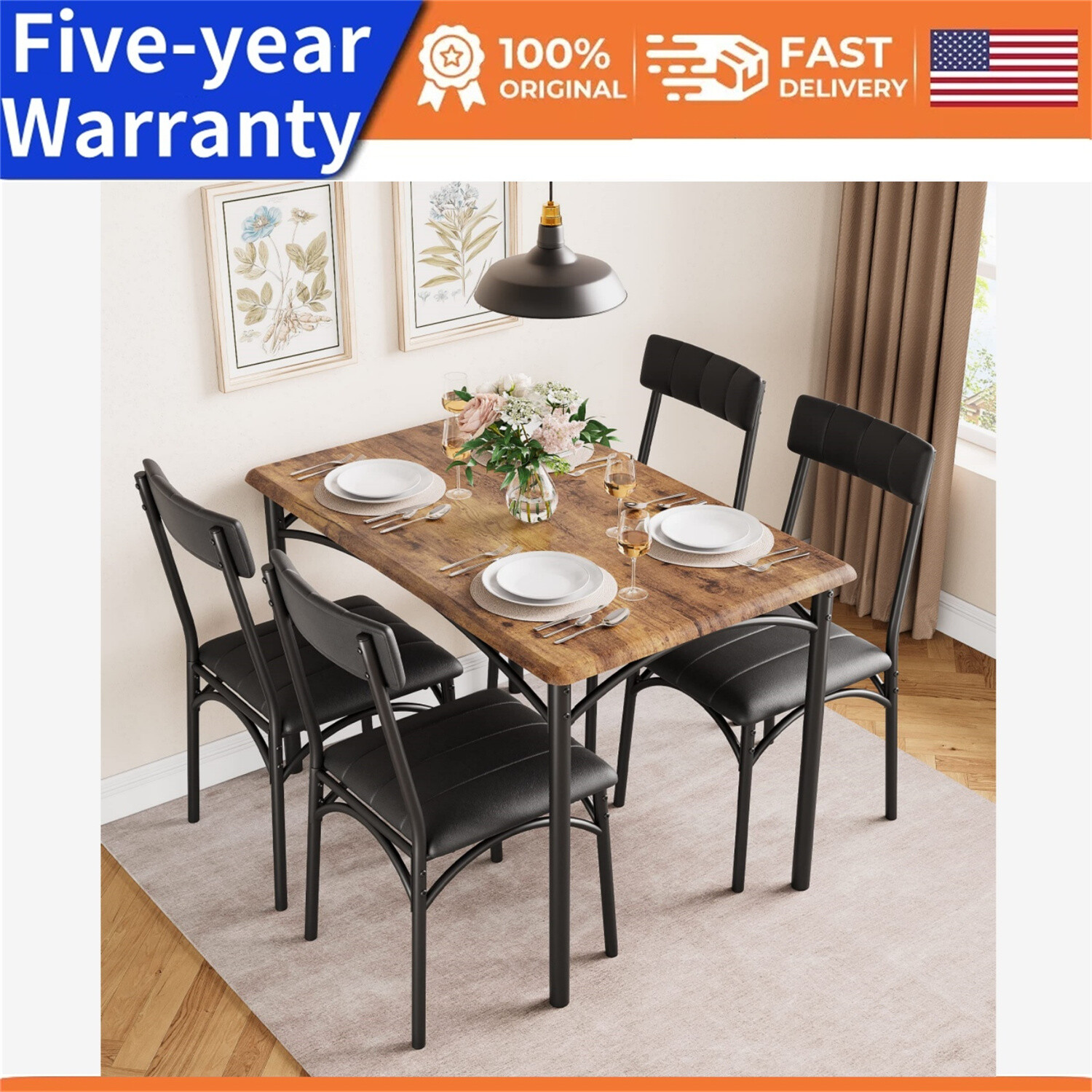 ☑️✅5 Piece Dining Set Kitchen Table and Chairs 4 Upholstered Chairs Metal and Wo