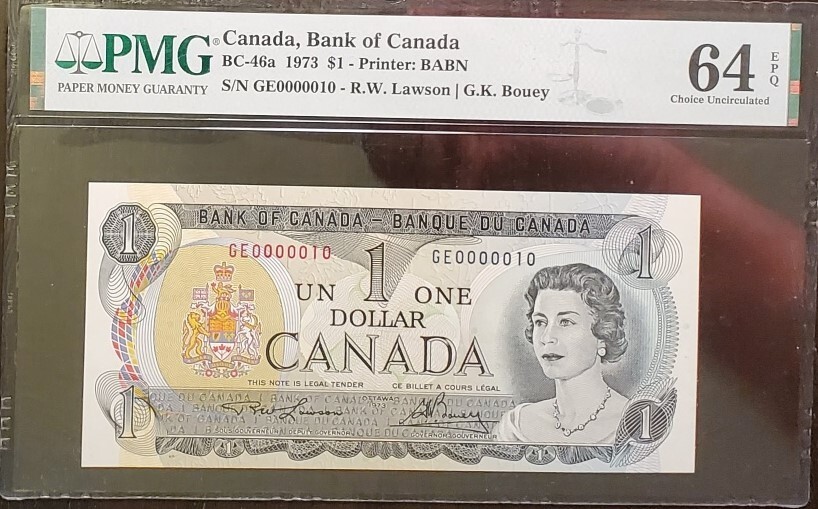 LOW# 1973 $1 BC46a LAWSON/BOUEY #GE0000010 PMG CH UNC 64 EPQ LOW NUMBER