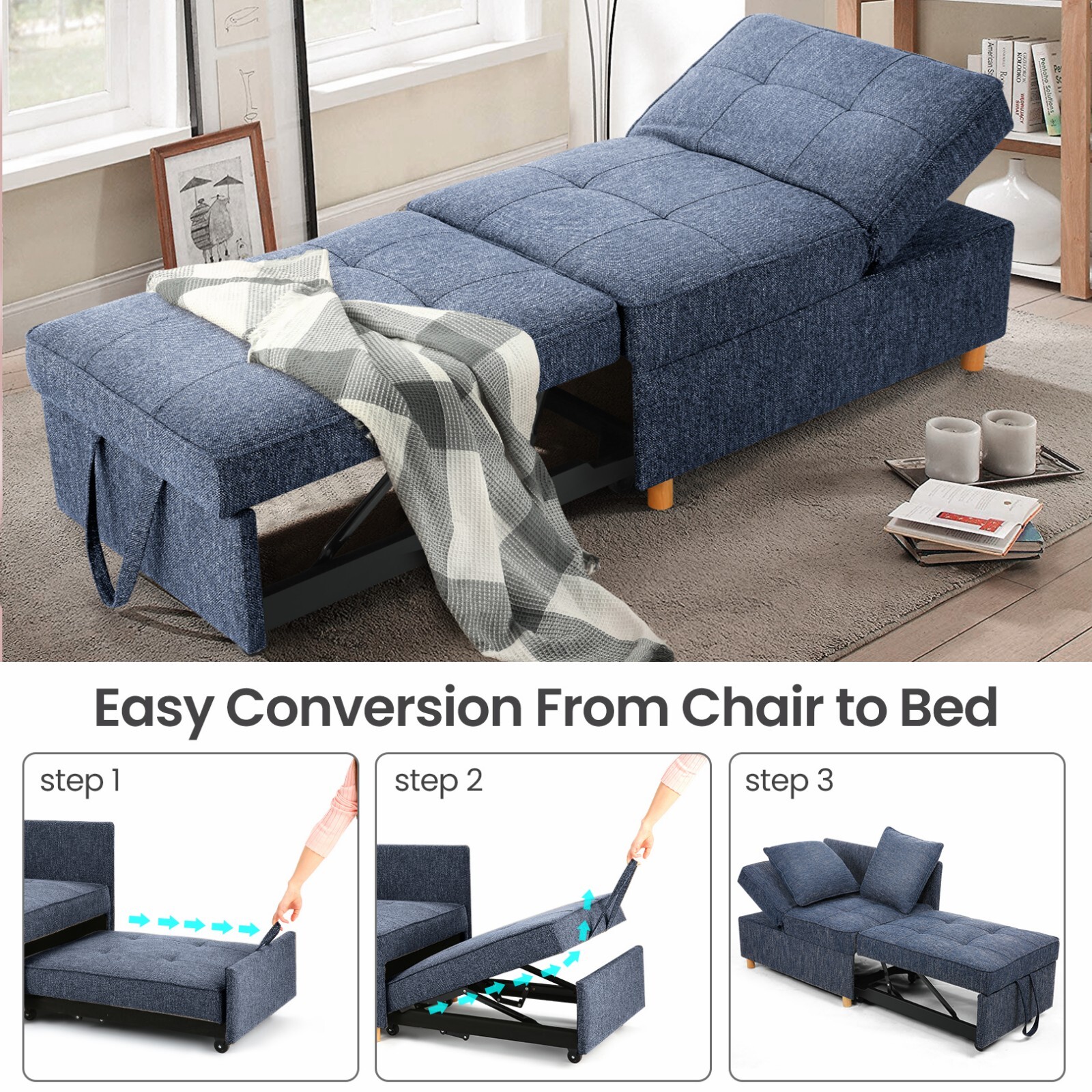 Folding Ottoman Sofa Bed Chair 4-in-1 Sleeper Sofa Adjustable Backrest+2 Pillows