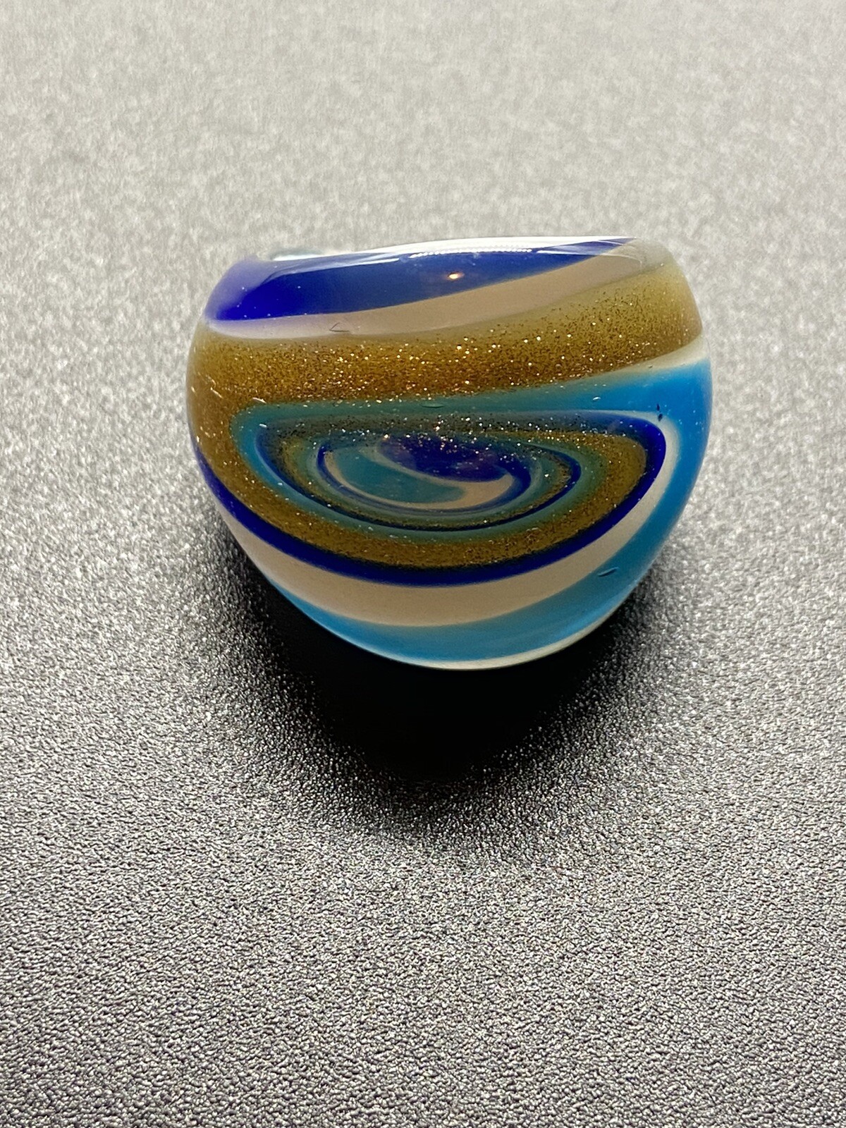 Blue Gold & White Lampwork Style Dichroic Art Glass Ring Size 7 Artisan Made