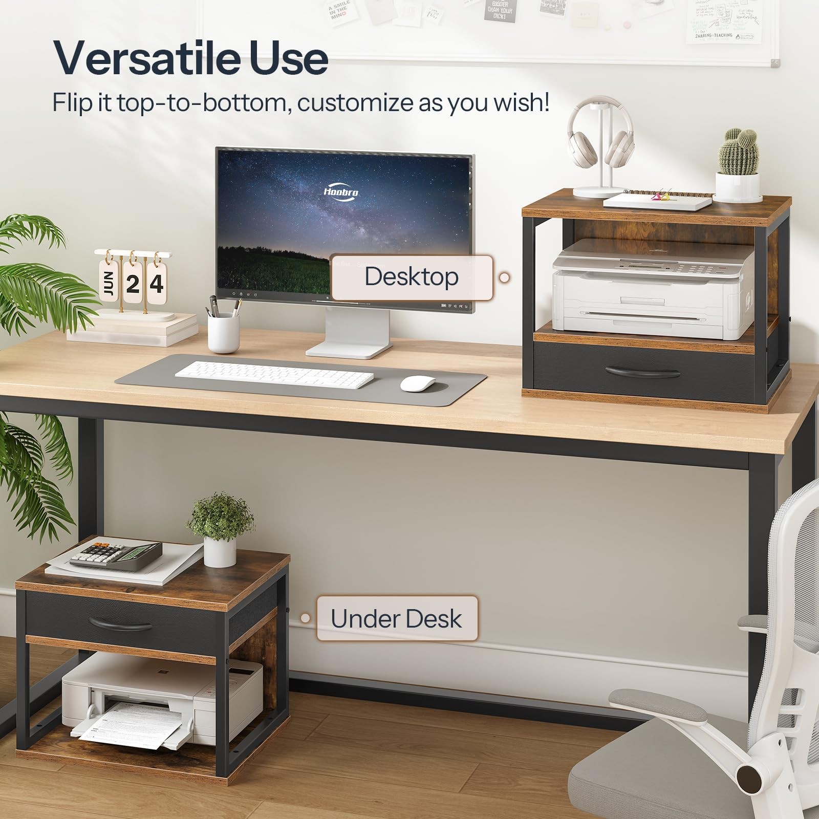 2-Tier Desktop Printer Stand with Drawer, Under-Desk Printer Table with Stora...