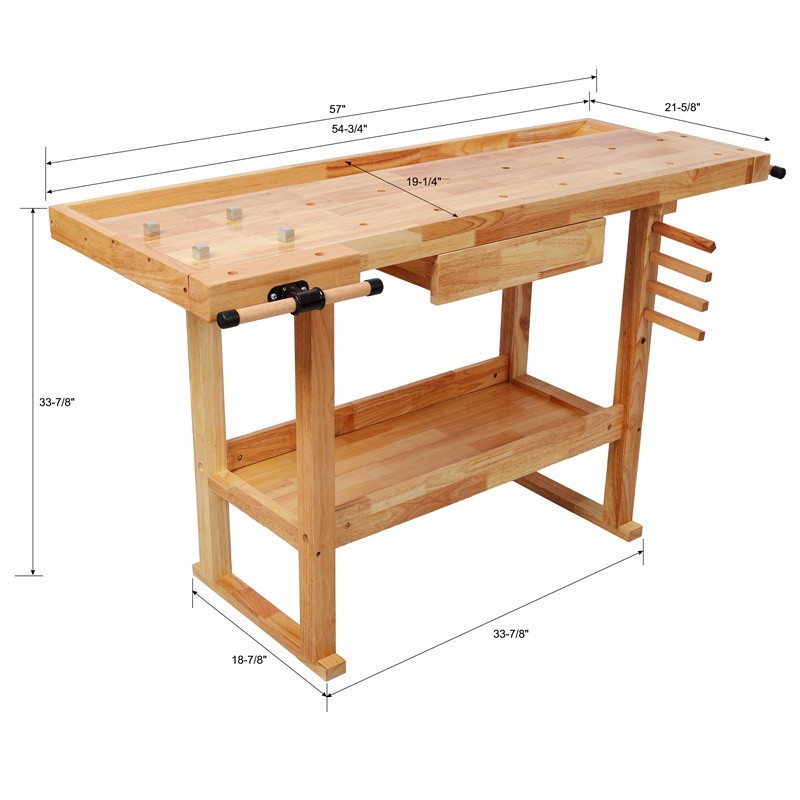 55" Workbench w/ Adjustable Handle 300LBS Load Rubber Wood Work Table for Garage