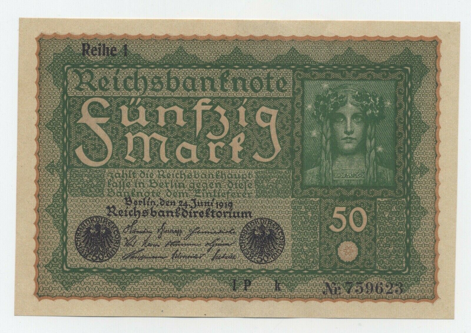 Germany 50 Mark ND 1919 Pick 66  aUNC Almost Uncirculated Banknote