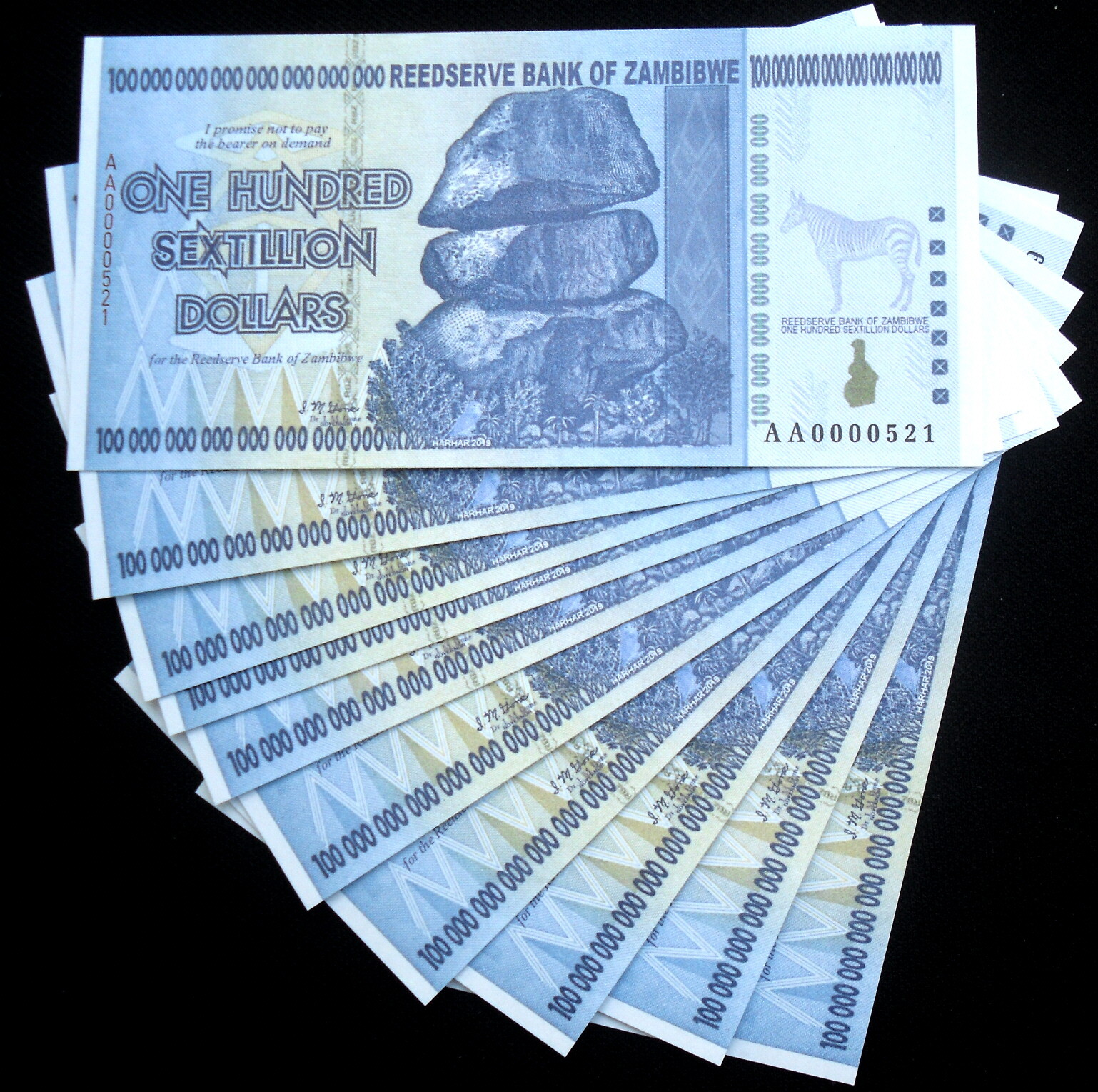 10 Pieces ZAMBIBWE $100 Sextillion Fantasy Art Fun Note Rocks, Zebra, Big Cats!