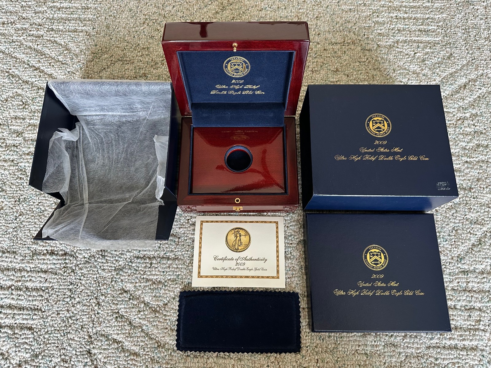 2009 ULTRA HIGH RELIEF DOUBLE EAGLE $20 GOLD COA MAHOGANY WOOD BOX OGP NO COIN