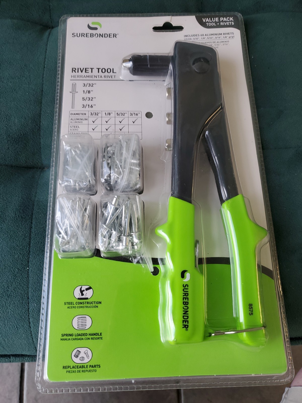Surebonder 8575 Rivet Tool Kit Hand Riveter Pop Gun w/ 4 piece Nose & 60 Rivets