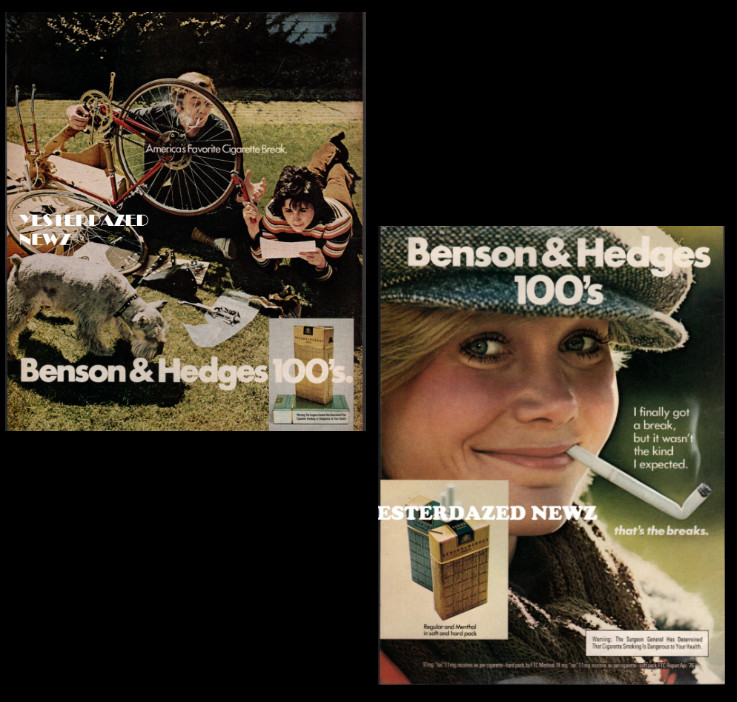 Lot of 2: 1971 & 1977 Print ad for Benson & Hedges 100's "that's the breaks"