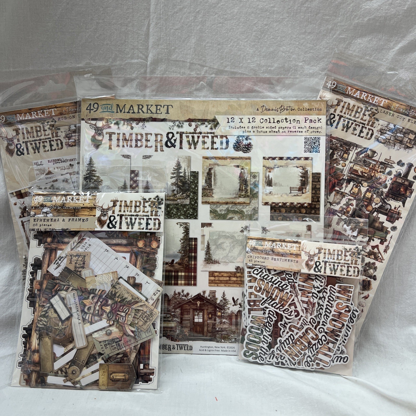 49 & Market Timber & Tweed Collection Paper Chipboard Laser Cuts Rub Ons 5 pcs
