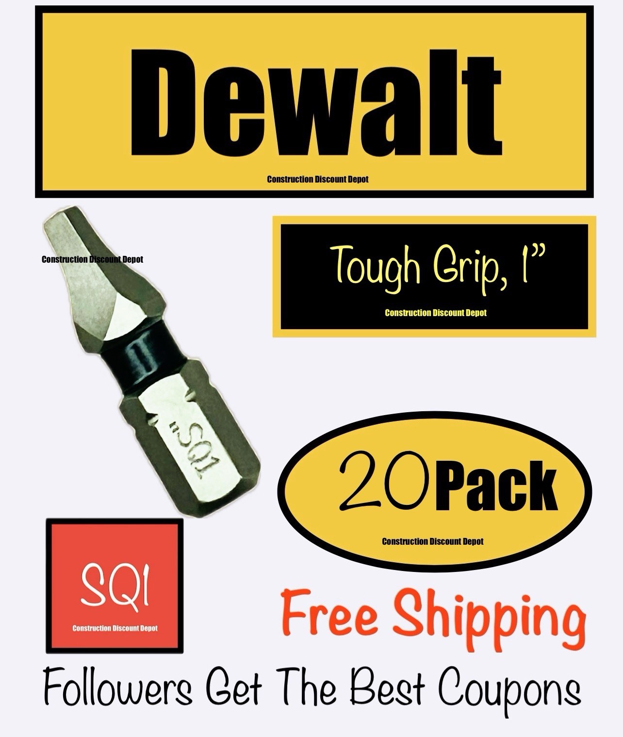Dewalt BULK Pack of 20 IMPACT RATED 1" Bit Tips Square #1 SQ1 Drill Bit