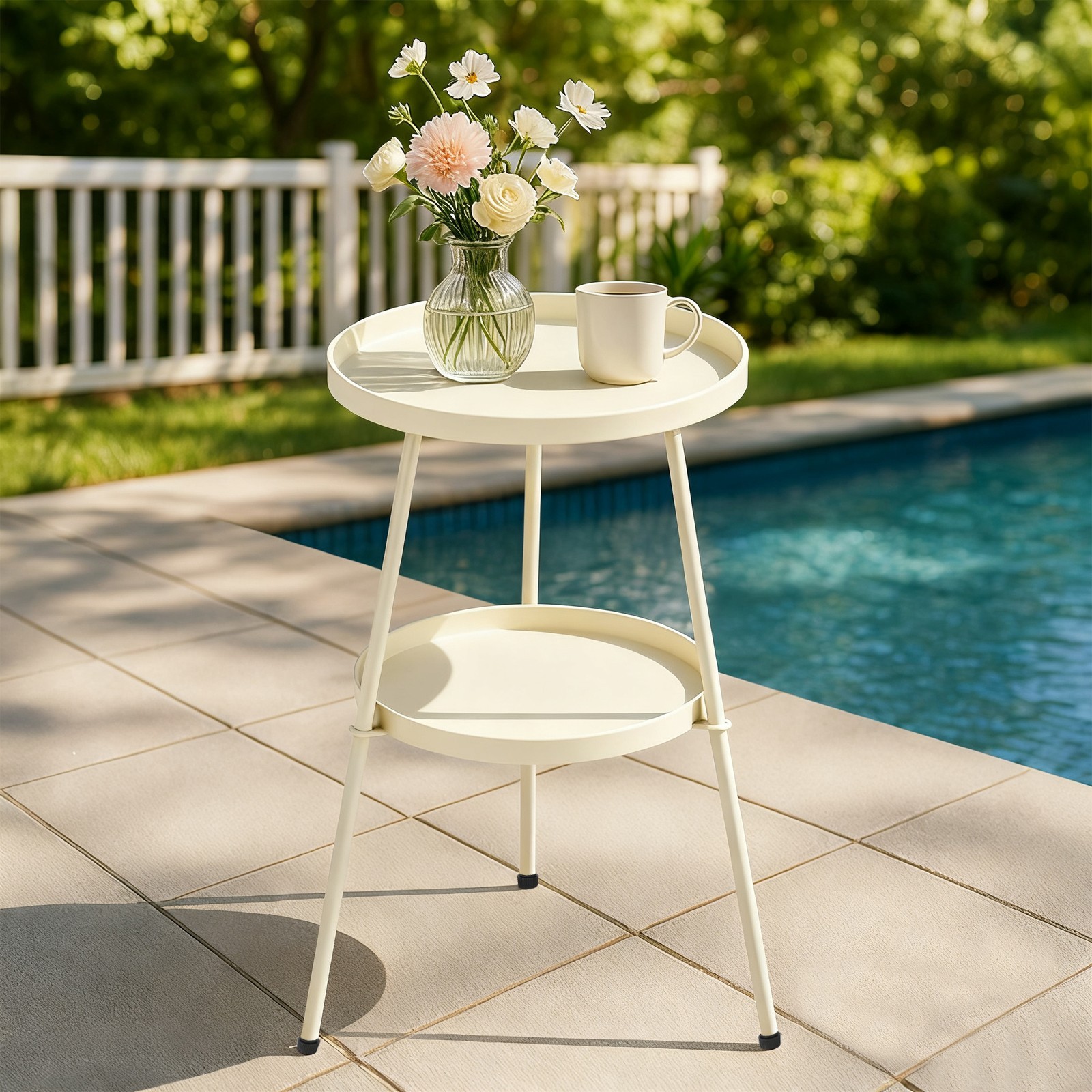 Patio Small Side Table Round End Table Metal Coffee Table In/Outdoor Cream White