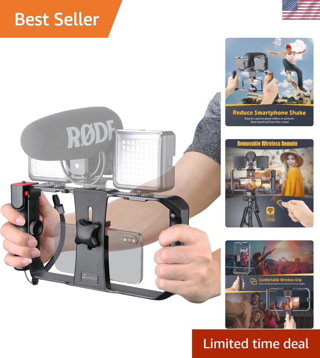 Smartphone Video Rig, Phone Stabilizer Grip with a Detachable Side Handle, Un...