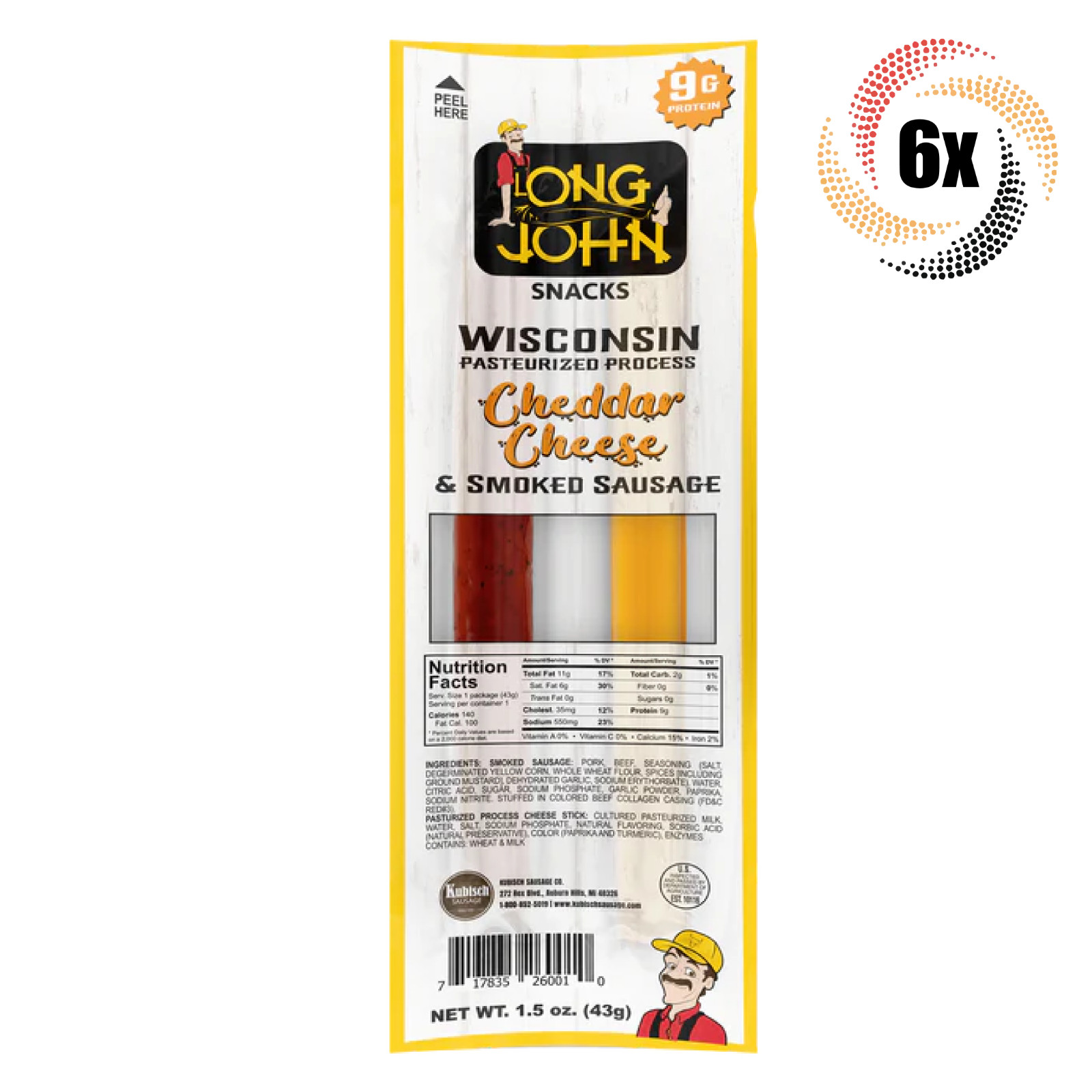 6x Packs Long John Wisconsin Cheddar Cheese & Smoked Sausage Snack | 1.5oz