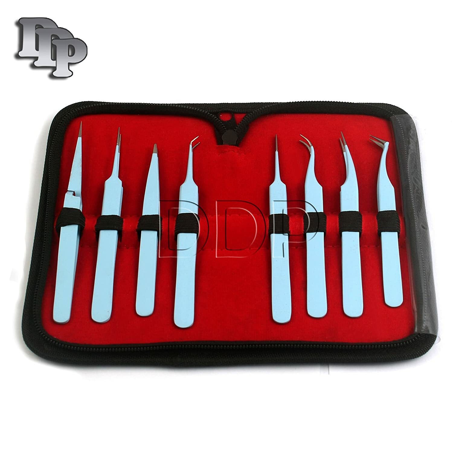 Set Of 8 Pieces Stainless Steel Sky Blue Color Eyelash Extension Tweezers