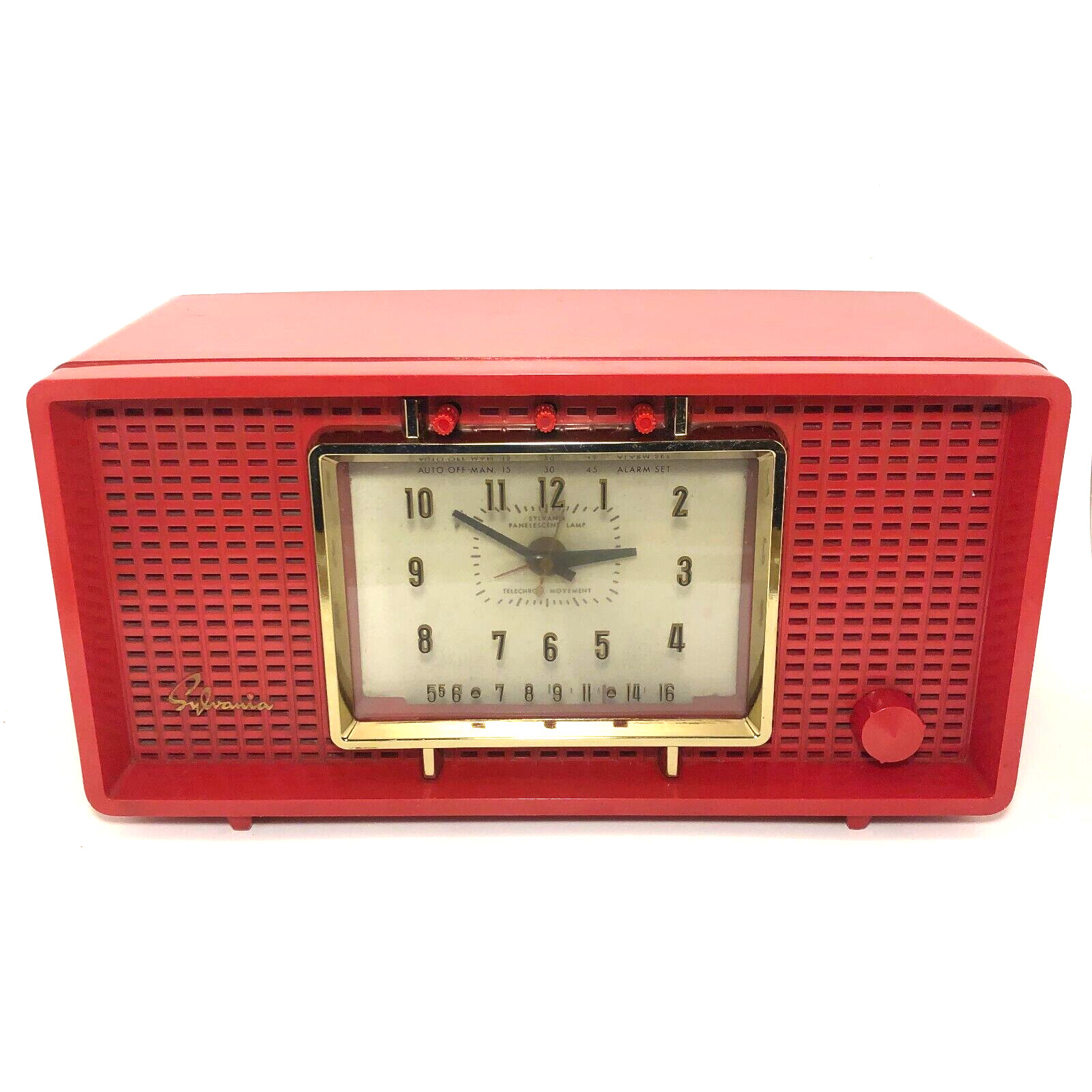 1950’s Sylvania Alarm Clock Tube Am Radio R598 Red Tested Working Clean
