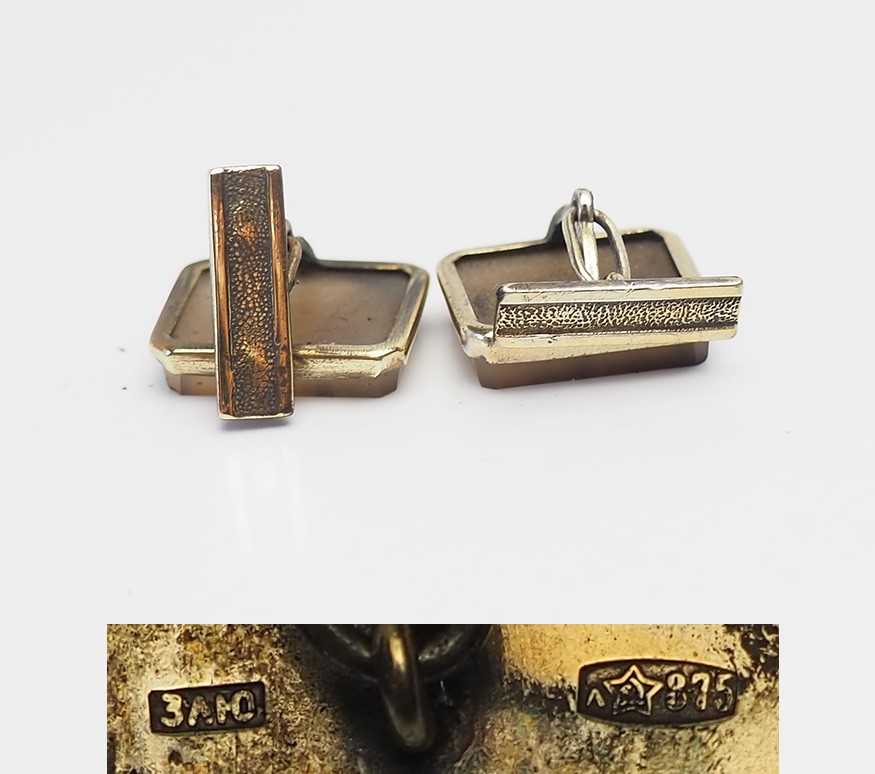 Vintage Soviet gilt 875 silver and agate square shape cufflinks