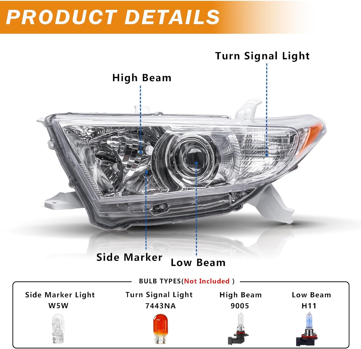 Headlight Assembly Compatible with 2011 2012 2013 Toyota Highlander Headlamp Pai
