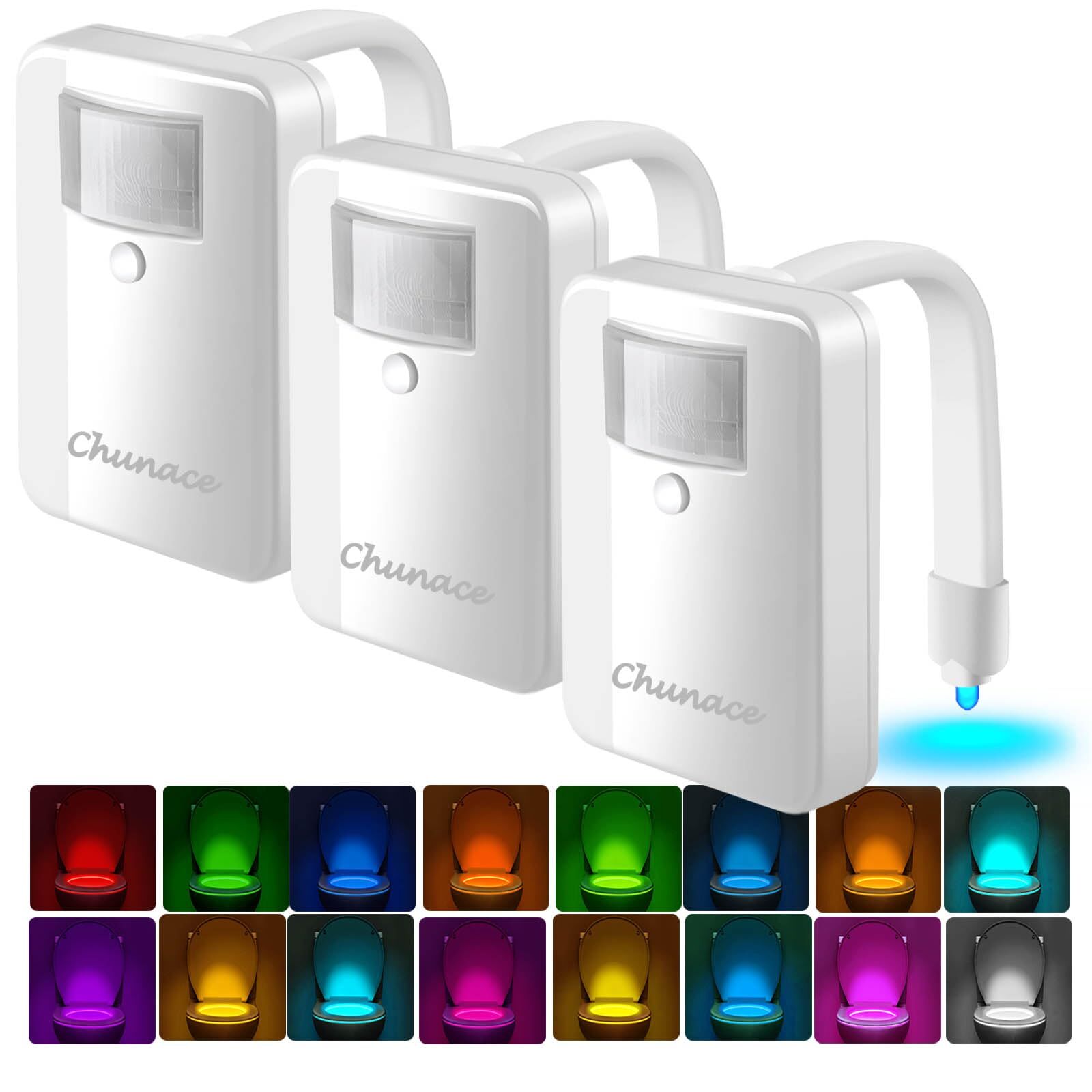 Chunace Toilet Night Lights 3 Pack with Motion Activated Sensor, 16 Color