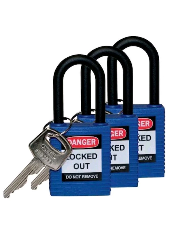 Brady 123334 Lockout Padlock, Keyed Alike, Nylon, Blue, 1 1/2 In Shackle. 3pk