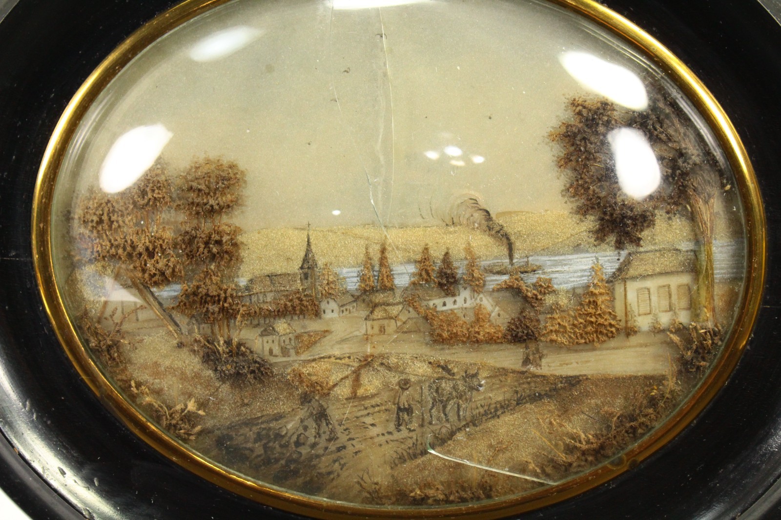 Antique 19th C. Mixed Media Reverse Glass Grisaille Diorama Oval Ebonized Frame