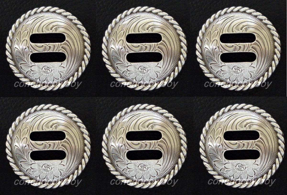 Set of 6 WESTERN HORSE TACK ANTIQUE ROUND ROPE EDGE SLOTTED CONCHOS 1-1/2"