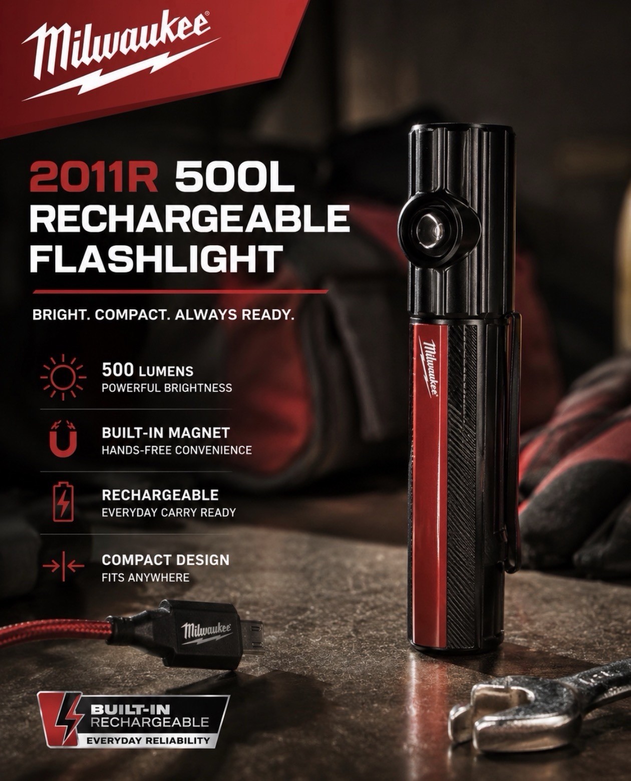 Milwaukee 2011R 500L Internal Rechargeable Everyday Carry Flashlight w/ Magnet